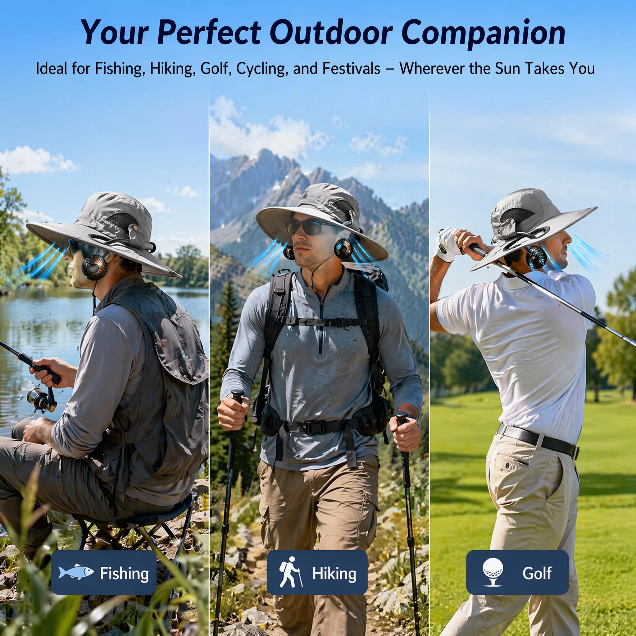 Cappello di raffreddamento 2 in 1 con ventola da collo staccabile, ricaricabile tramite USB a 3 velocità, cappello da sole a tesa larga, per pesca, campeggio, escursionismo, giardinaggio, golf