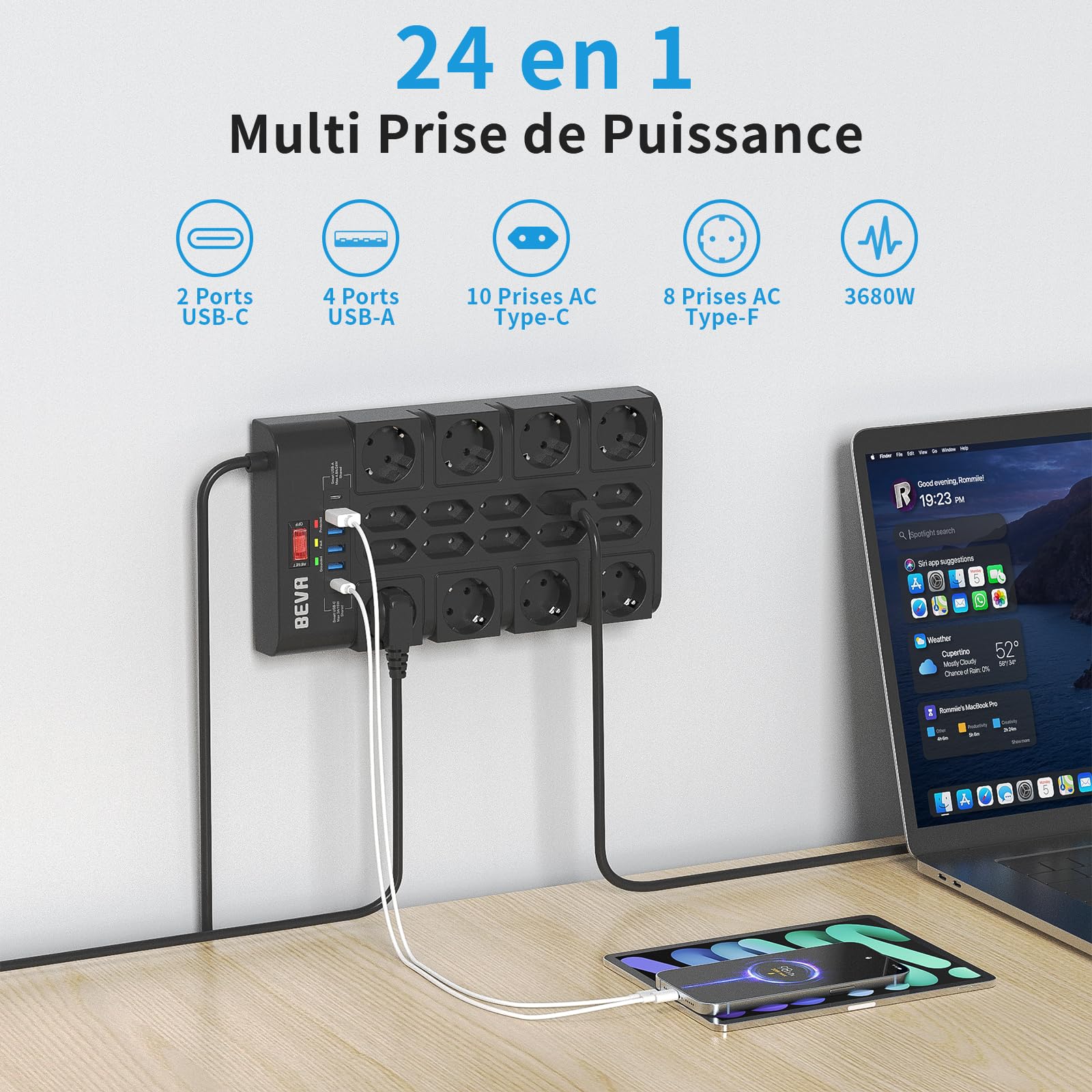 BEVA 18 Prises Multiprise,2100J Multiprise Parafoudre et Surtension,Noir | 3680W/16A Prise Electrique 4 USB-A +2 USB-C(15W), Prise Multiple avec Terre, Câble 2M