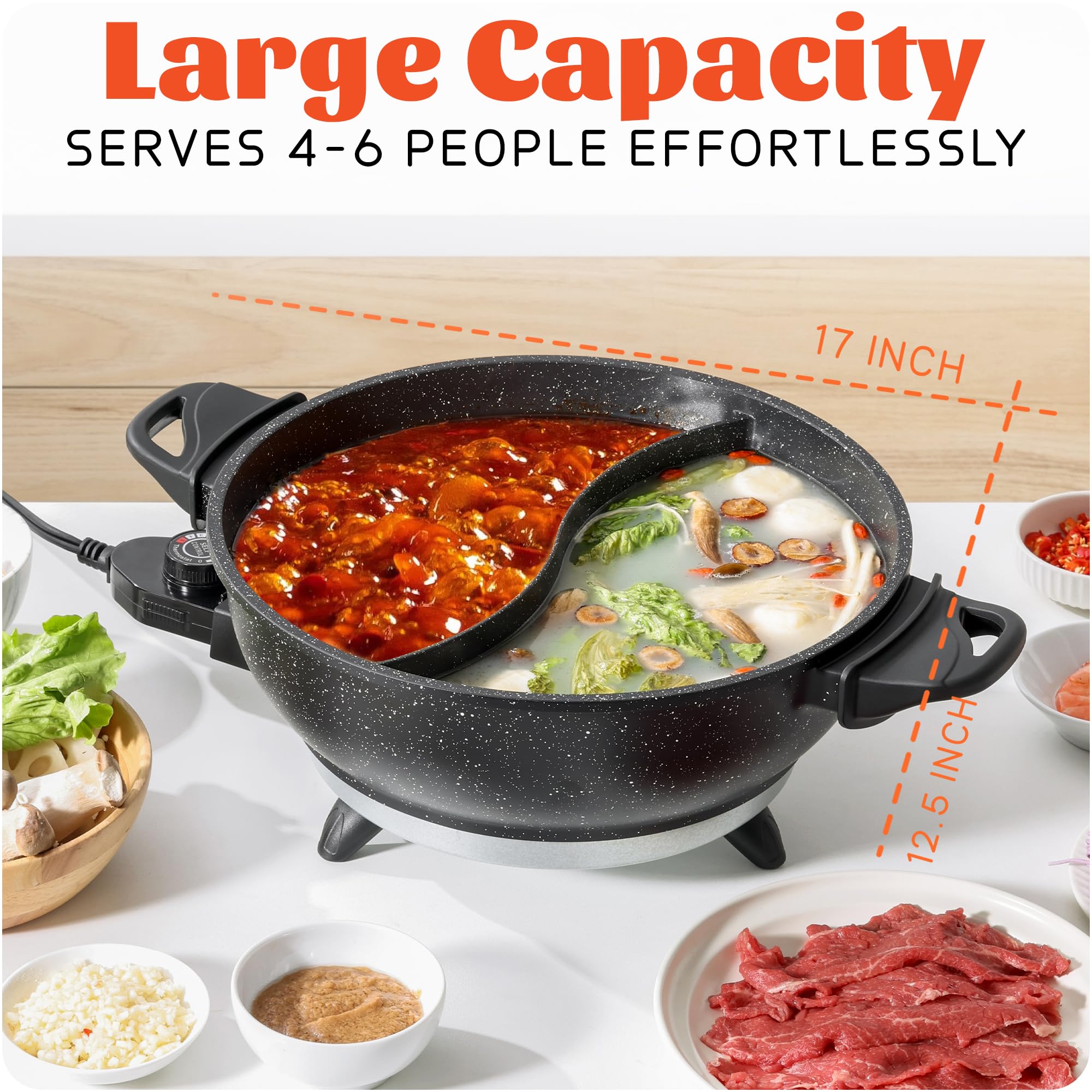 Olla eléctrica de 4L con divisor – Olla Shabu Shabu Shabu de doble sabor con función de olla de cocción lenta, 1500 W, ideal para comidas familiares y reuniones sociales, color negro 8