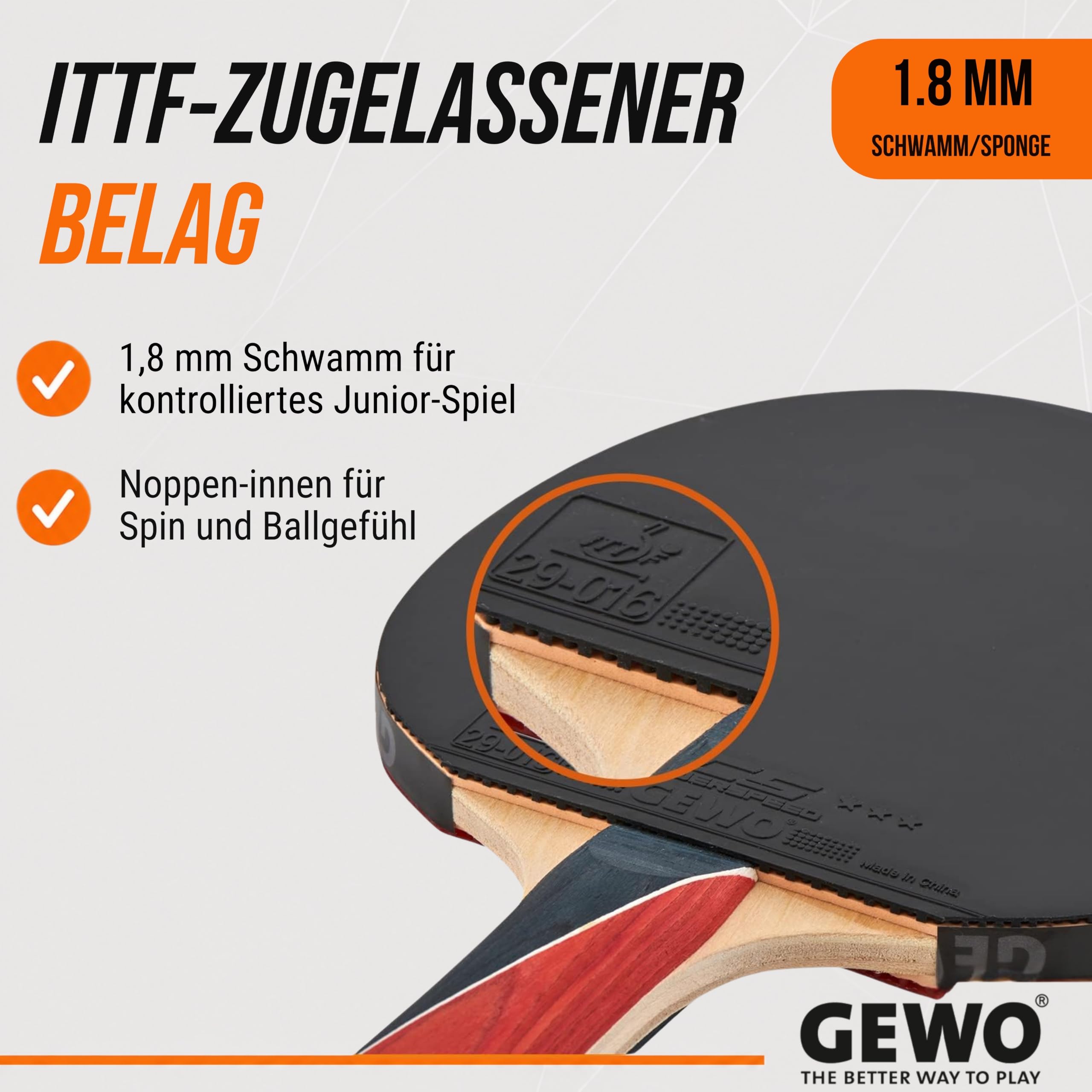 GEWO PS Blast Junior Tischtennisschläger - ITTF genehmigter Anfänger-Tischtennisschläger für Kinder und Jugendliche, Fertigschläger mit kontrolliertem Belag und hoher Rotation, konkav, 1,8mm Schwamm