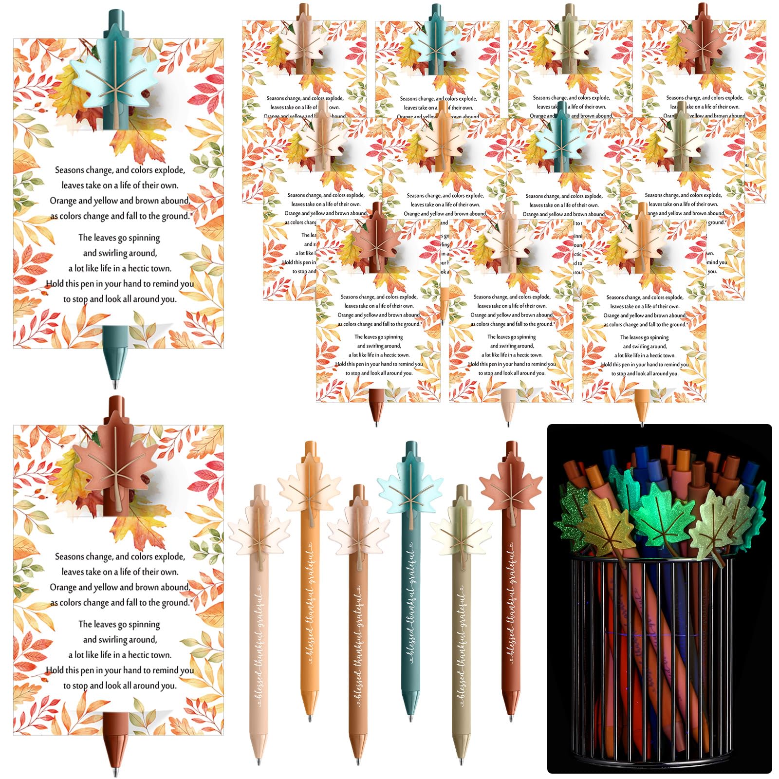 Sayglossy Set di 60 penne a sfera autunnali per il Ringraziamento, con foglie d'acero, biglietti di auguri autunnali con foglie d'acero, regali per amici, insegnanti, colleghi, dipendenti