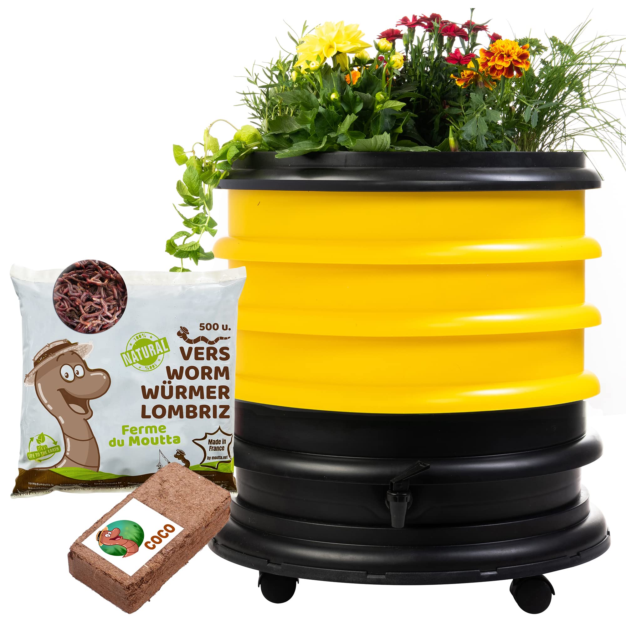 WORMbox | Wormery Worm Farm composter 3 Yellow Trays + Planter + 250gr of Compost Worms / 500 ctn + 1 Coco + 1 Coco | 48 liters | Organic Waste Compost, make your Worm Castings