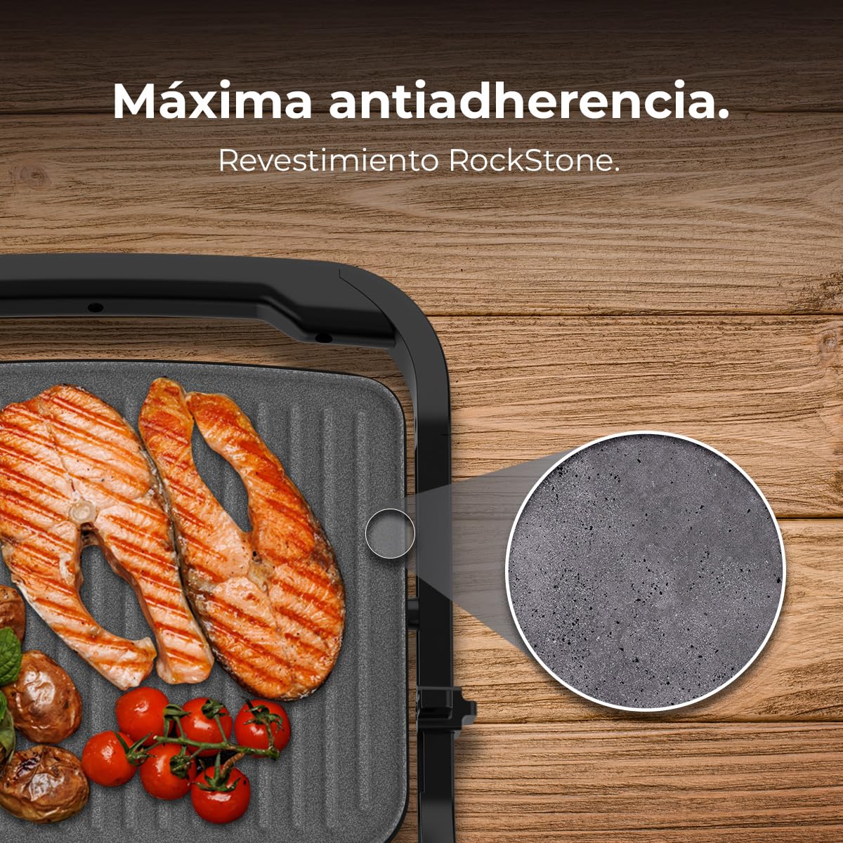Cecotec Parrilla Eléctrica con Grill Rock'nGrill 2000 Full Open. 2000W, Apertura 180º, RockStone Antiadherente, Placa Flotante, Recogegrasas, Almacenamiento Vertical, Temperatura Regulable, 279x229mm