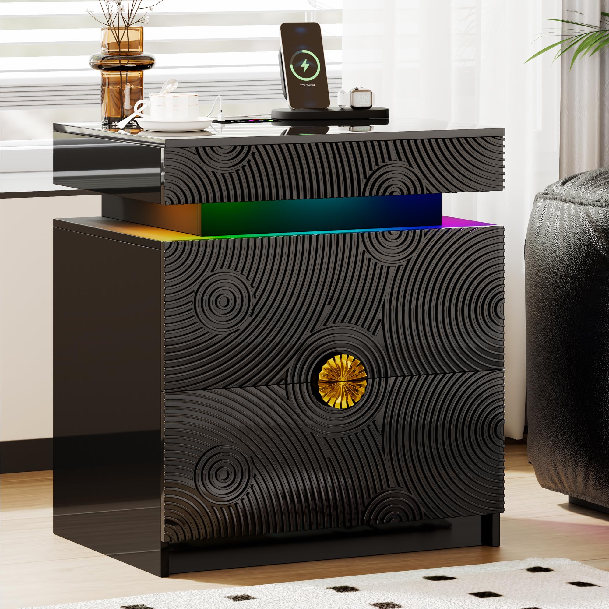 Ripple Led Bedside Tables with Charging Station and Human Body Sensor,Black
