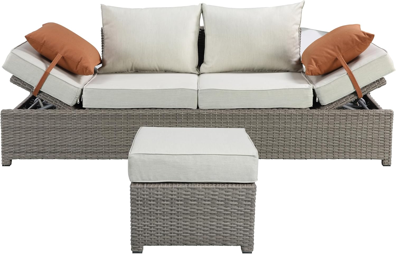 Beige Fabric & Gray All-Weather Wicker Patio Sofa & Ottoman with 2 Toss Pillows