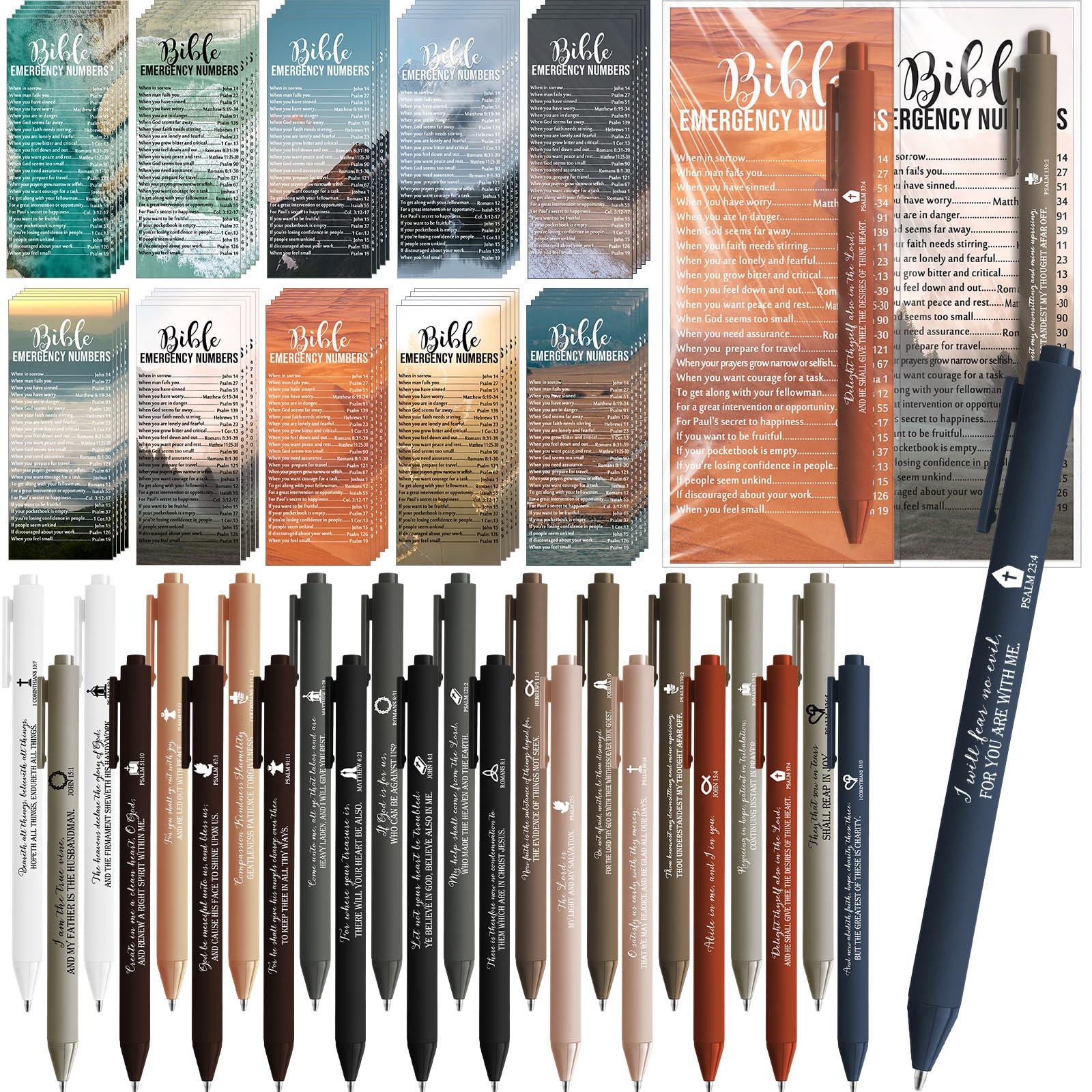 Feifeiya 100 Sets Easter Christian Gifts Bulk Bible Emergency Numbers Bookmark Bible Verse Pens Religious Gift for Church Easter Party Favor Sunday