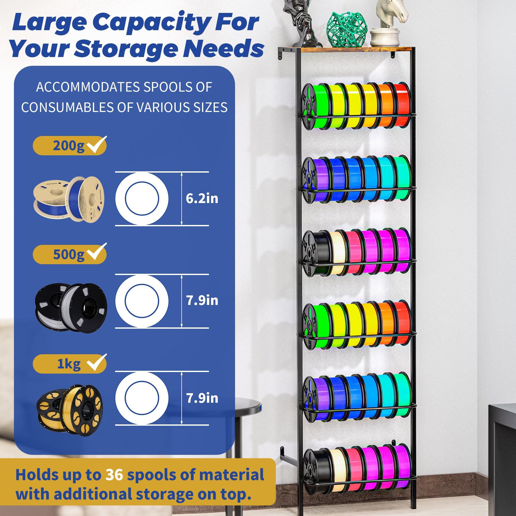 Soporte de pared para almacenamiento de filamentos de impresora 3D, soporte de carrete de filamento de 6 niveles con tablero de madera superior, soporte organizador de filamentos de metal