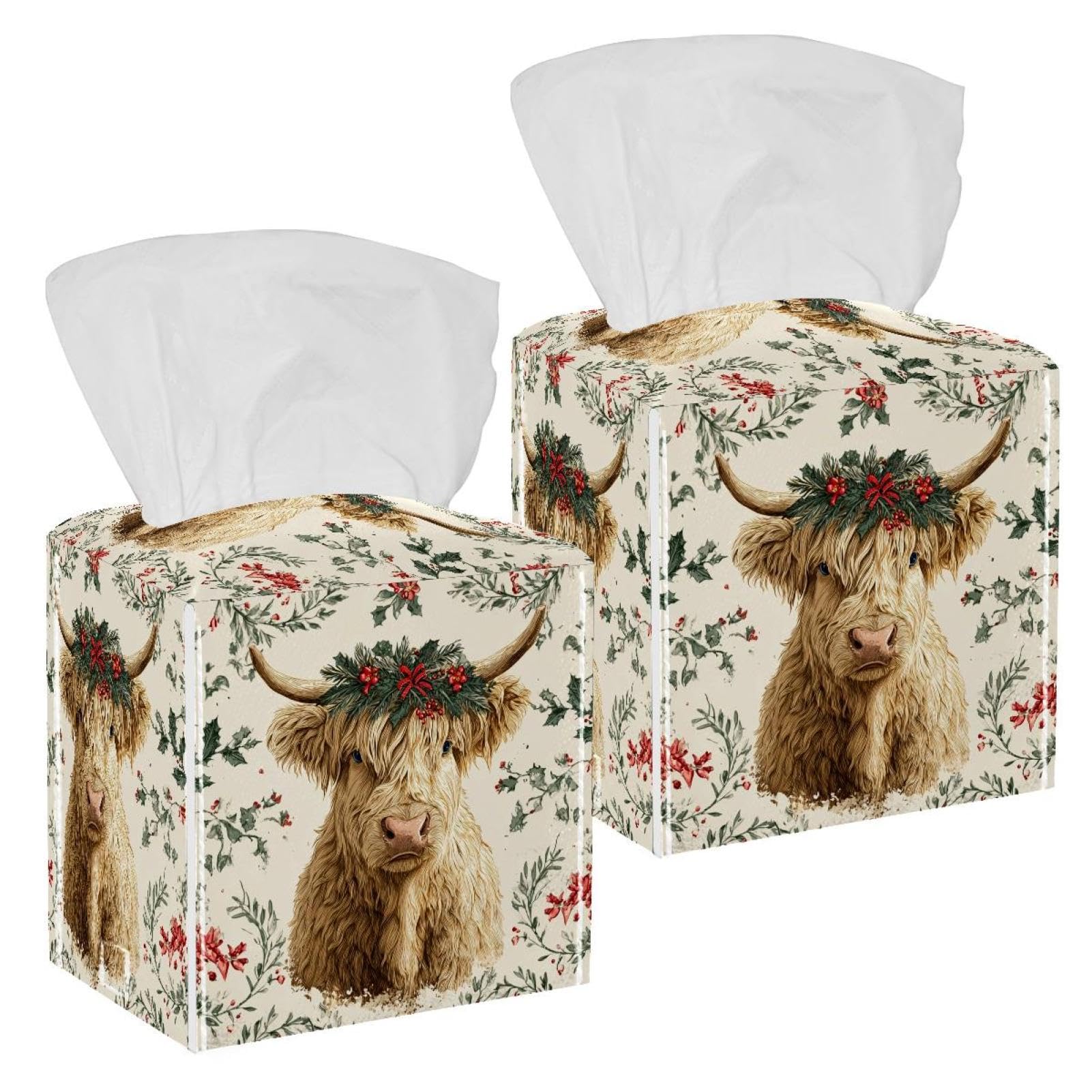 Highland Cow Tissue Box Cover, 2 Pack PU Leather Square Facial Tissue Dispenser Box holder for Home Office Car