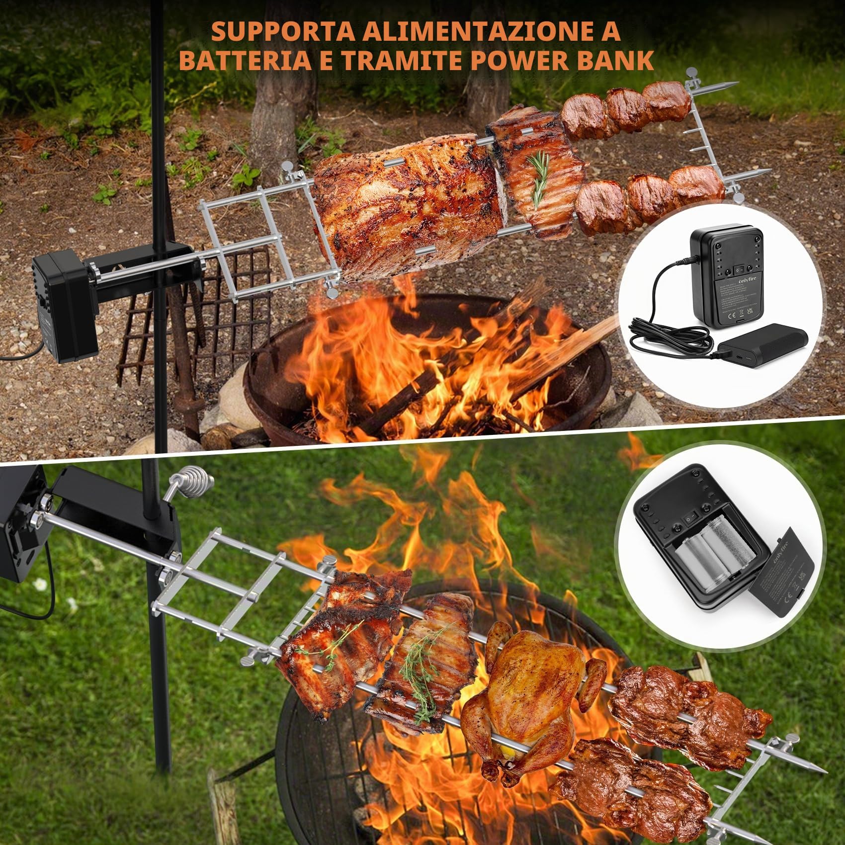 onlyfire Kit Girarrosto per Barbecue Regolabile per Barbecue All'aperto e Campeggio, Girarrosto Elettrico Portatile con Borsa per Il Trasporto, Alimentazione Tramite Batteria/Adattatore/Power Bank