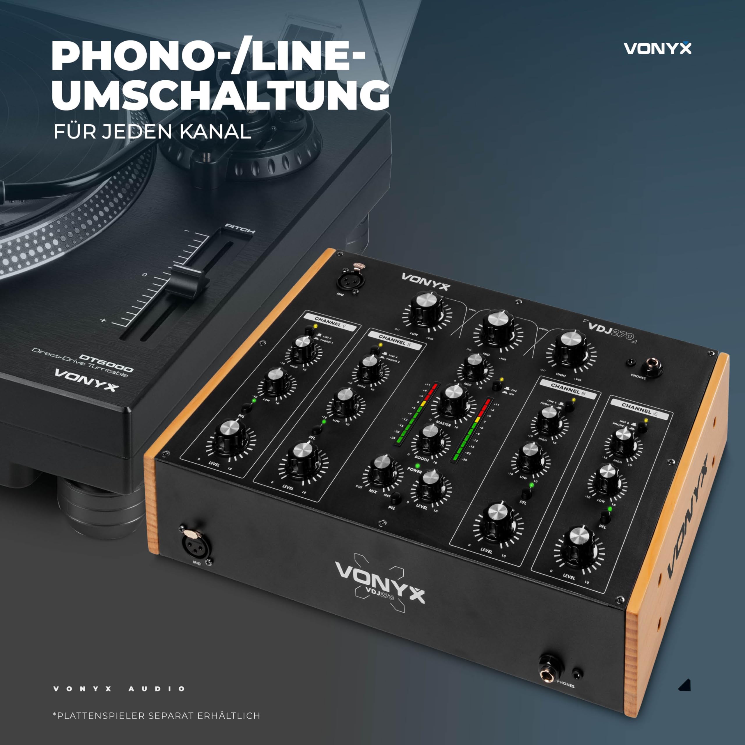 Vonyx VDJ270 DJ Mischpult 4 Kanal – Analog Rotary Audio Mixer mit 2-Band EQ & XLR – Retro DJ Mischer Schwarz Holzoptik – Sound Mixer für Vinyl & Club – Inkl. Booth Output & Mic Input