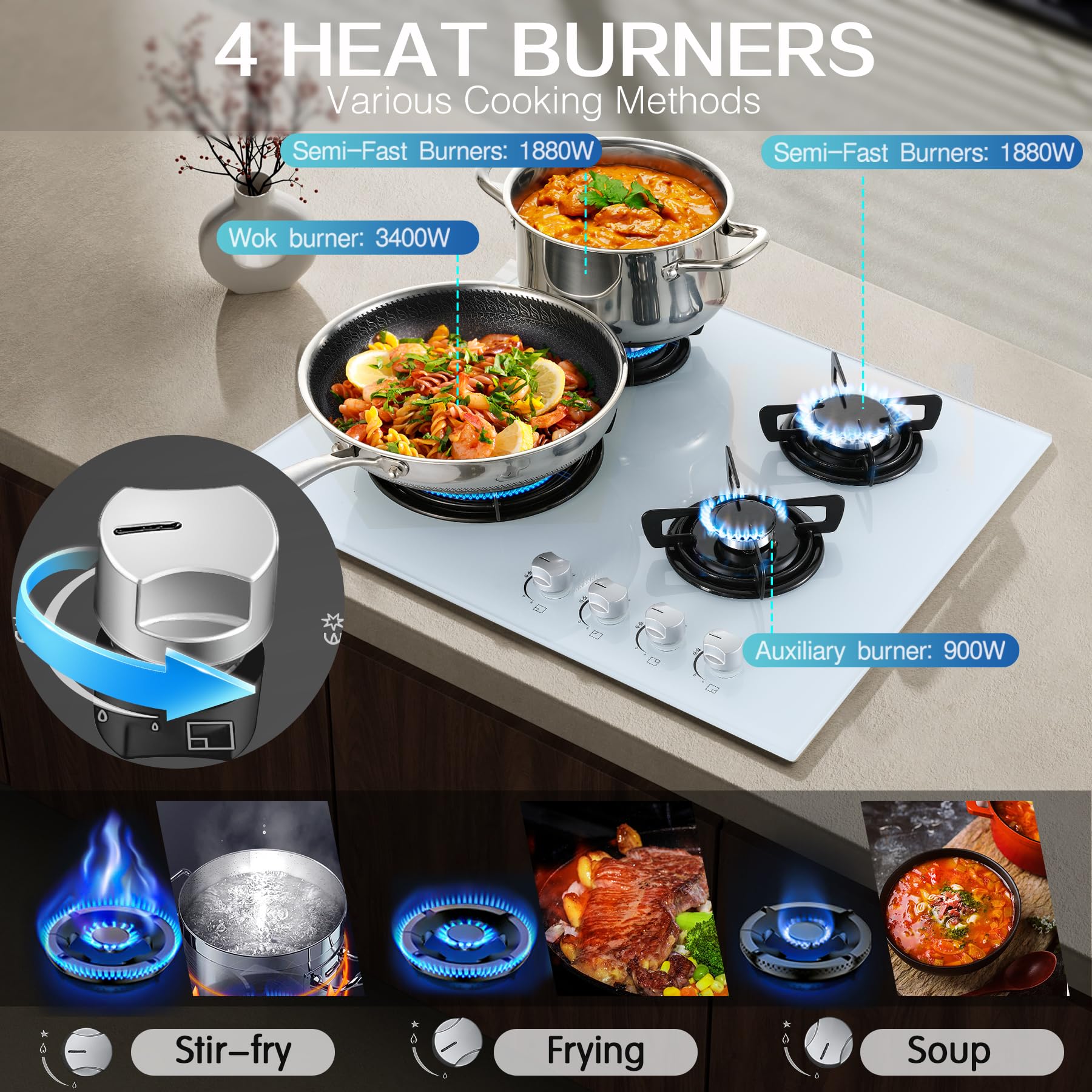 Piano Cottura 4 Fuochi Gas, TopStrong Piano Cottura Vetro Incasso Bianco, Fornello Gas Vetro Bianco, Protezione Flame-Out, 8060W