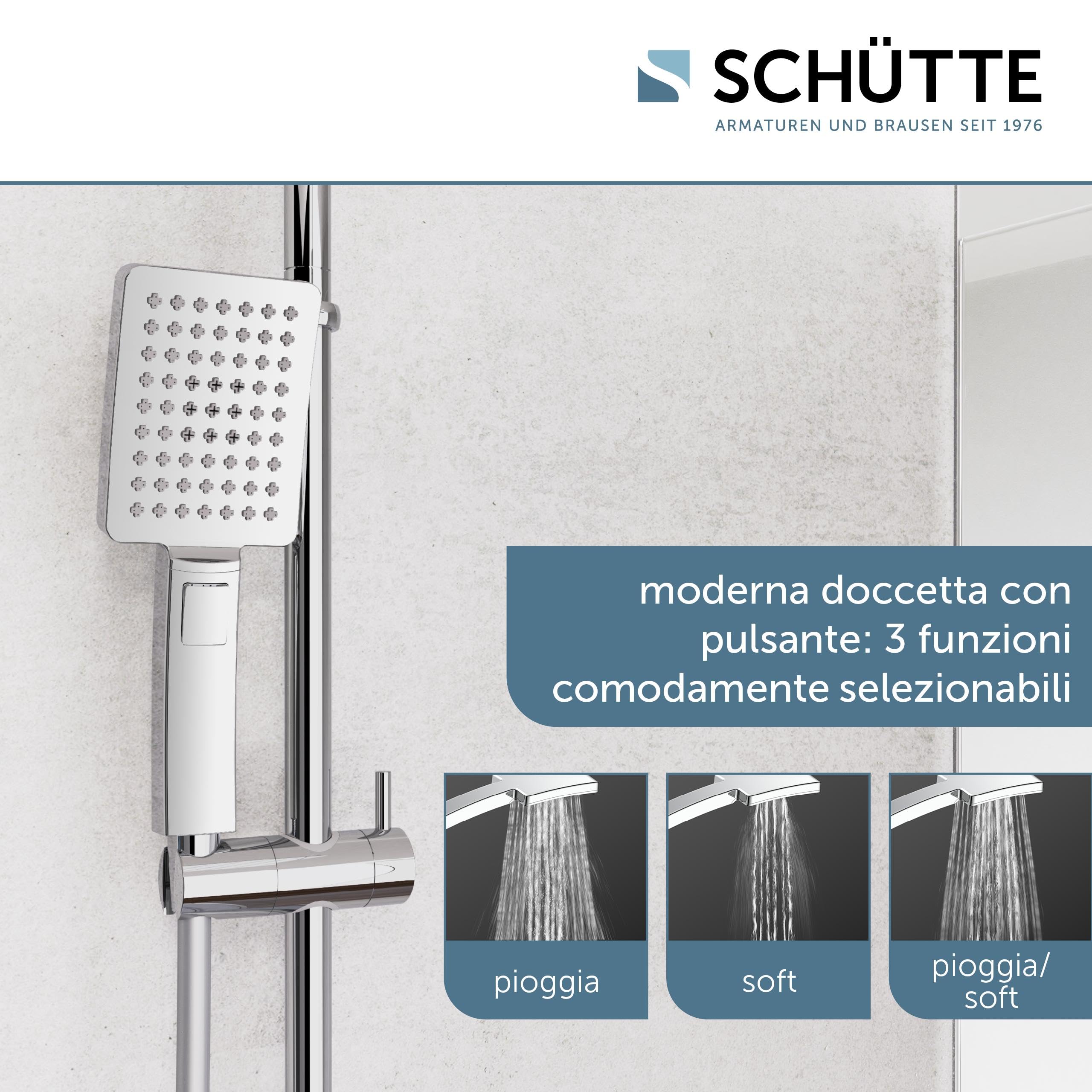SCHÜTTE Set doccia Maiorca | Colonna doccia con grande doccia a pioggia | Doccia a mano con 3 tipi di getto | Sistema doccia con asta doccia regolabile in altezza | Cromo