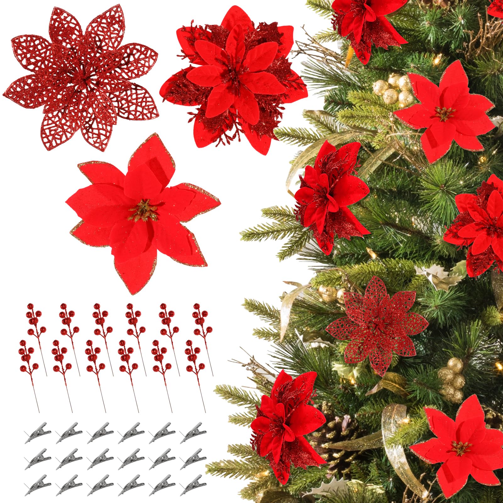 Hobyhoon 30pcs Poinsettia Christmas Decorations,3 kinds Christmas Tree Flowers,Red Poinsettia Artificial Glitter Flowers for Home DIY Xmas Wreath Holiday Party(Red)