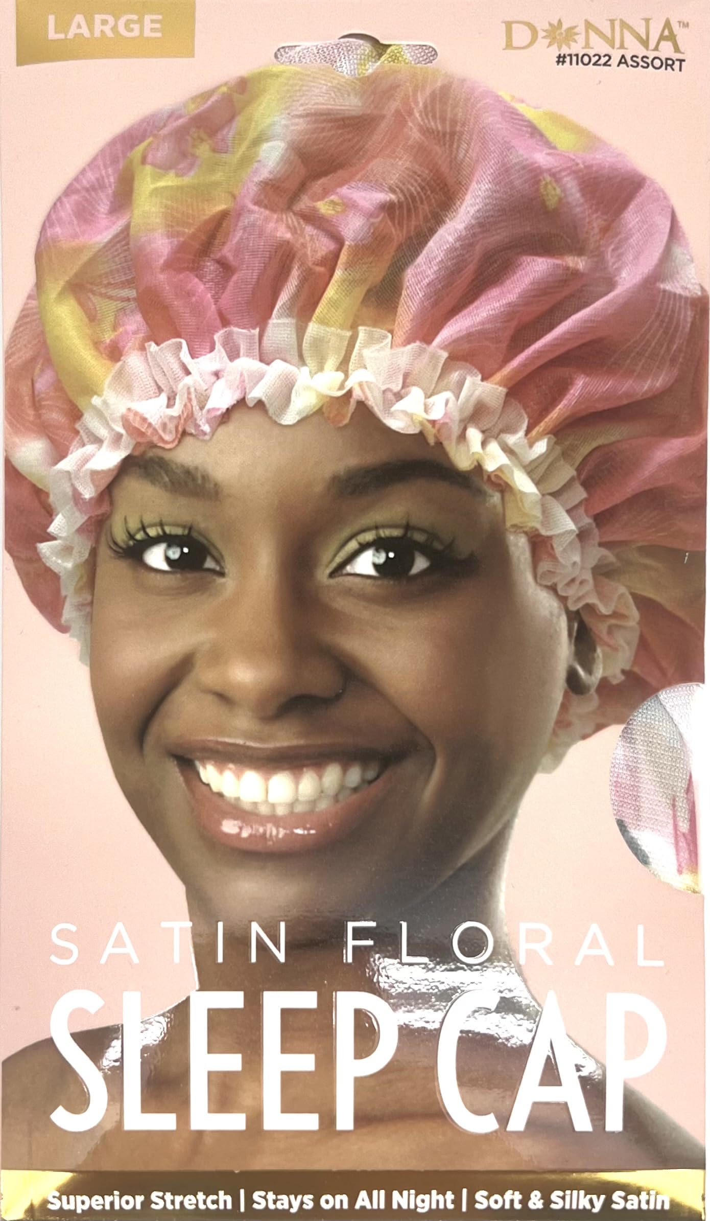 DONNA Satin-Schlafmütze mit Blumenmuster, bleibt die ganze Nacht an, hervorragende Dehnbarkeit, Schlafmütze für Damen, rosa