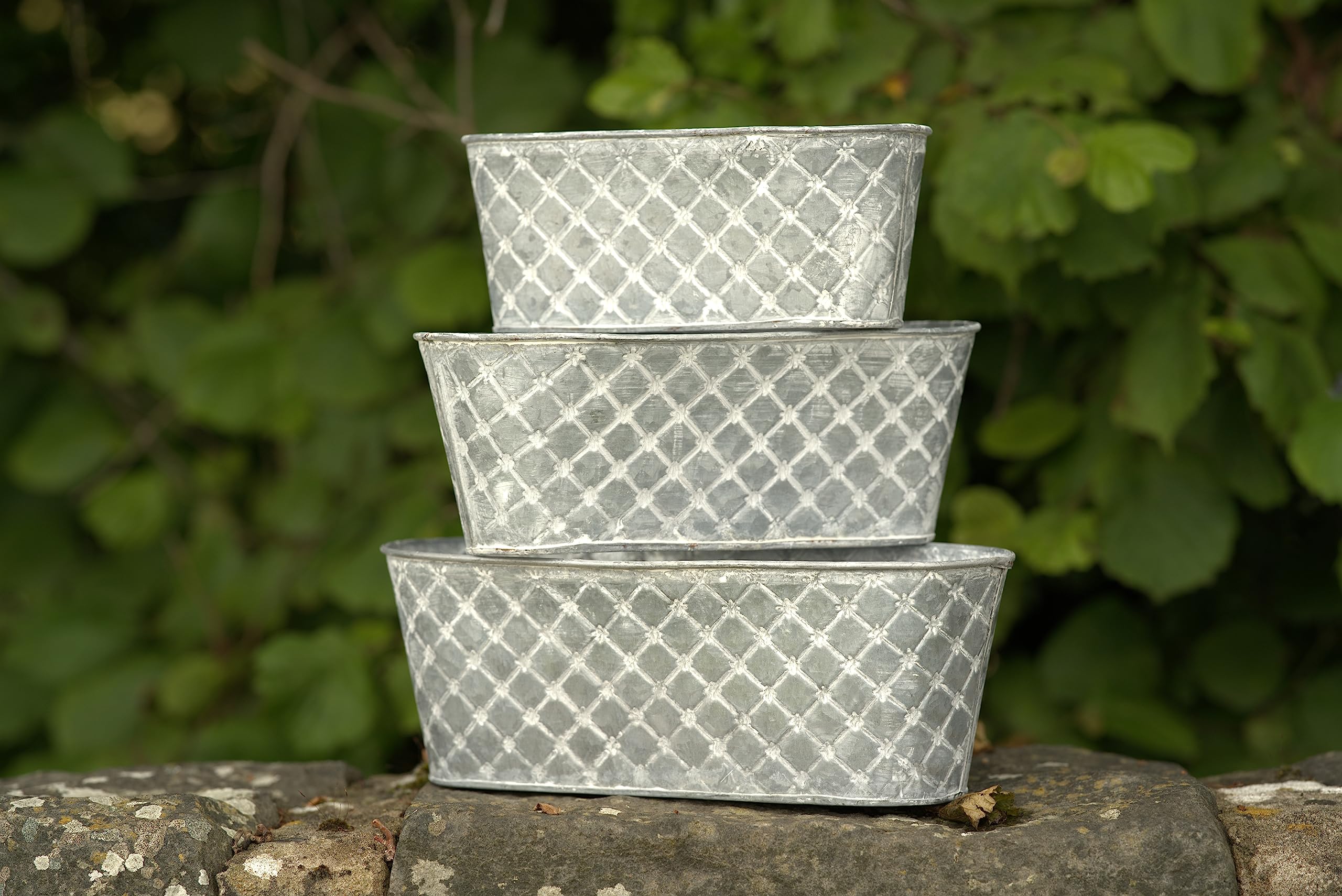 Set of 3 Lattice Galvanised Zinc Metal Planter | Outdoor Indoor Garden Flower Pots Trough Pot Tub