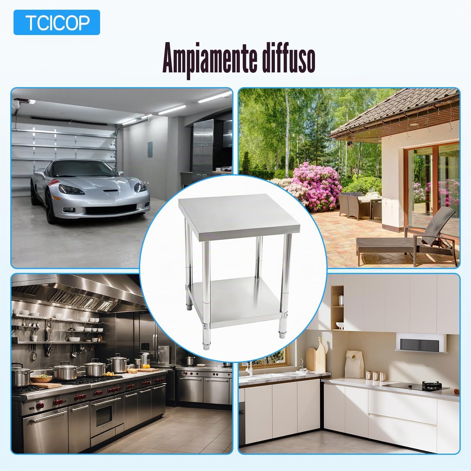Tavolo da lavoro in acciaio inox, 60 x 60 x 80 cm, portata 400 kg, suola regolabile in metallo, adatto per cucina, sala da pranzo