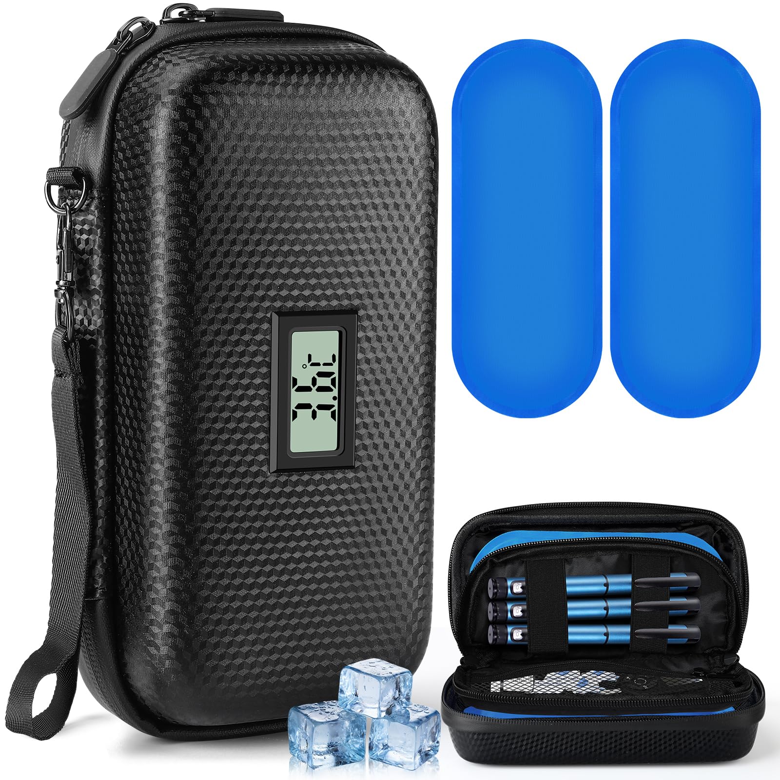 Insulin kühltasche, Diabetiker Tasche für Diabetikerzubehör mit Digitaler Temperaturanzeige, Insulin Pen Tasche mit 2 TSA Kühlakkus, Medikamententasche Kühlbox für Reisen & Tägliches Leben