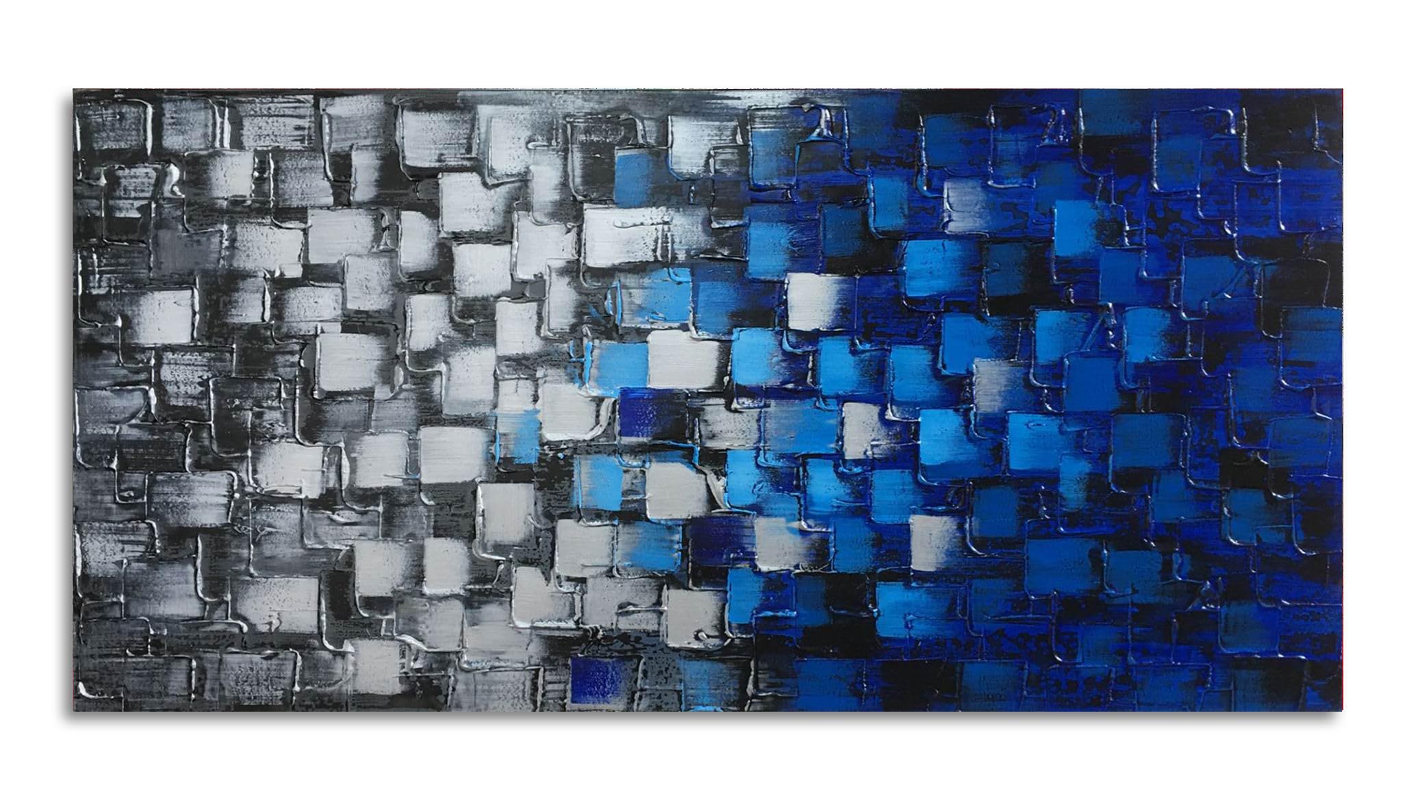 Abstract Dark Blue and Silver Textured Squares Painting