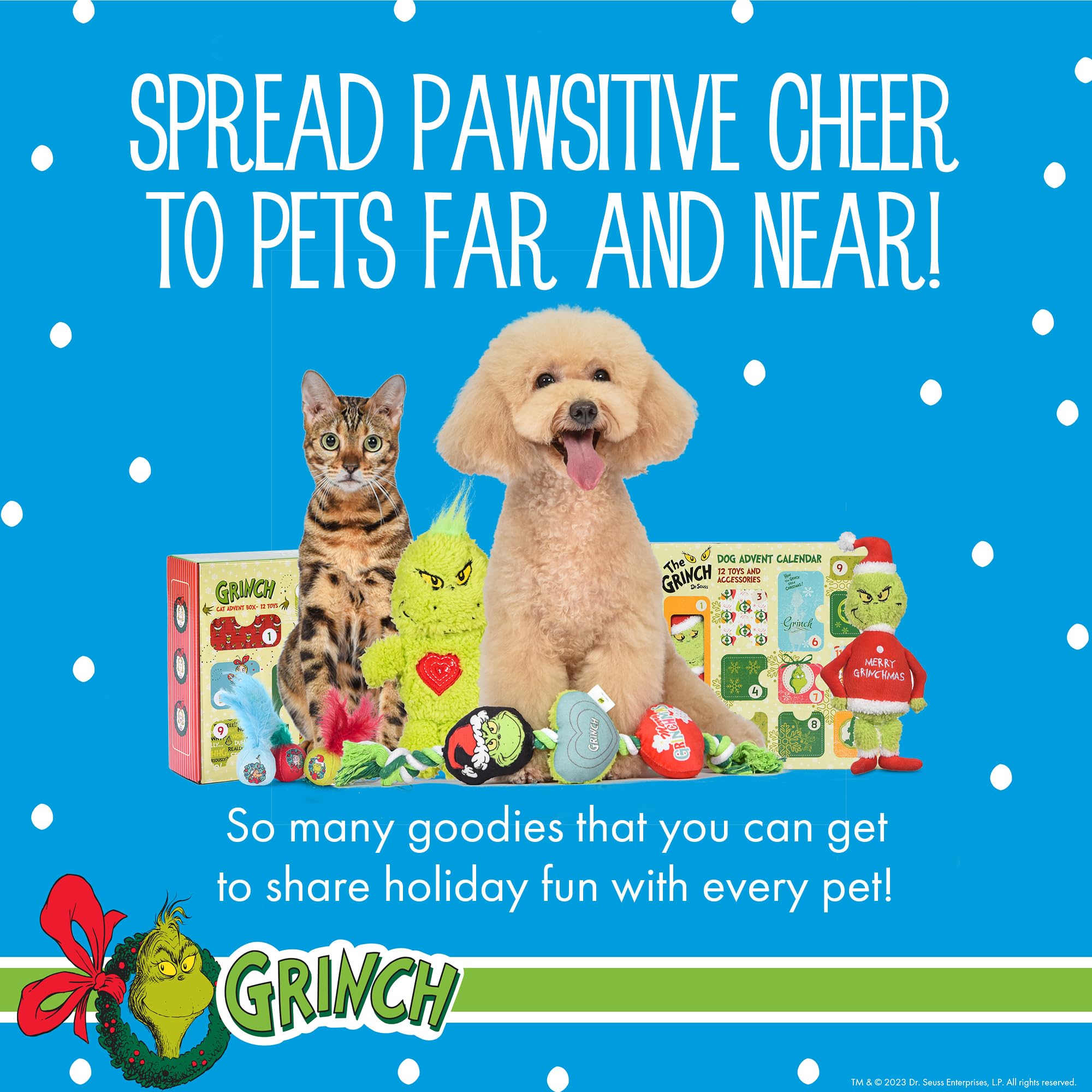 Dr. Seuss 'For Pets How the Grinch Stole Świąteczny kalendarz adwentowy dla psa z 12 zabawkami i akcesoriami niespodzianek; wypchacze do pończoch, prezenty świąteczne dla psów, prezenty świąteczne dla