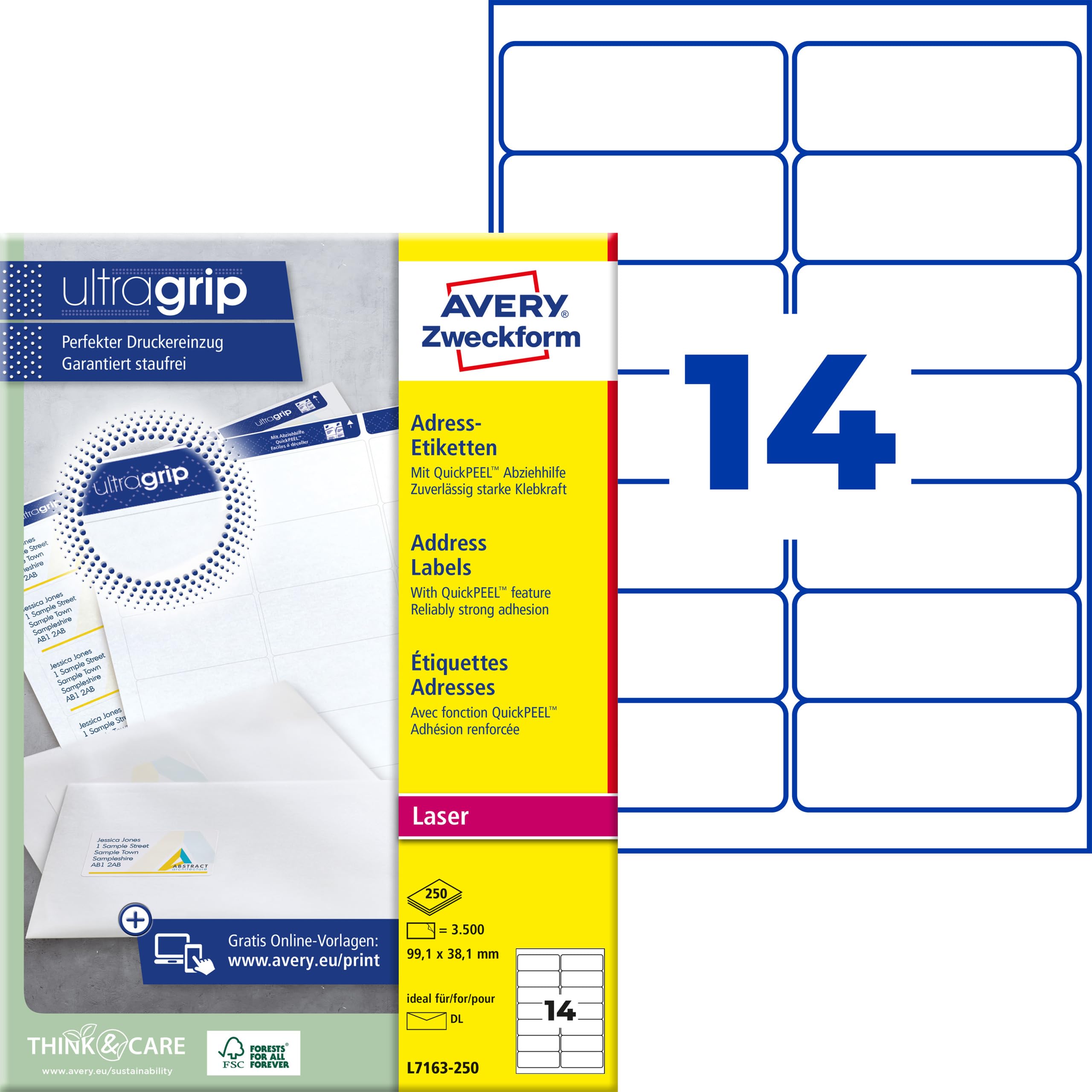 AVERY Zweckform L7163-250 Adressetiketten/Adressaufkleber (3.500 Etiketten mit ultragrip, 99,1x38,1mm auf A4, bedruckbar, selbstklebend, für DIN lang Briefkuverts, Papier matt) 250 Blatt, weiß
