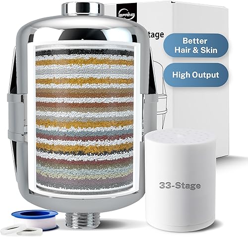 iSpring Filtro de ducha de alto rendimiento de 33 etapas, filtro universal de cabezal de ducha para agua dura, 99% de eliminación de metales