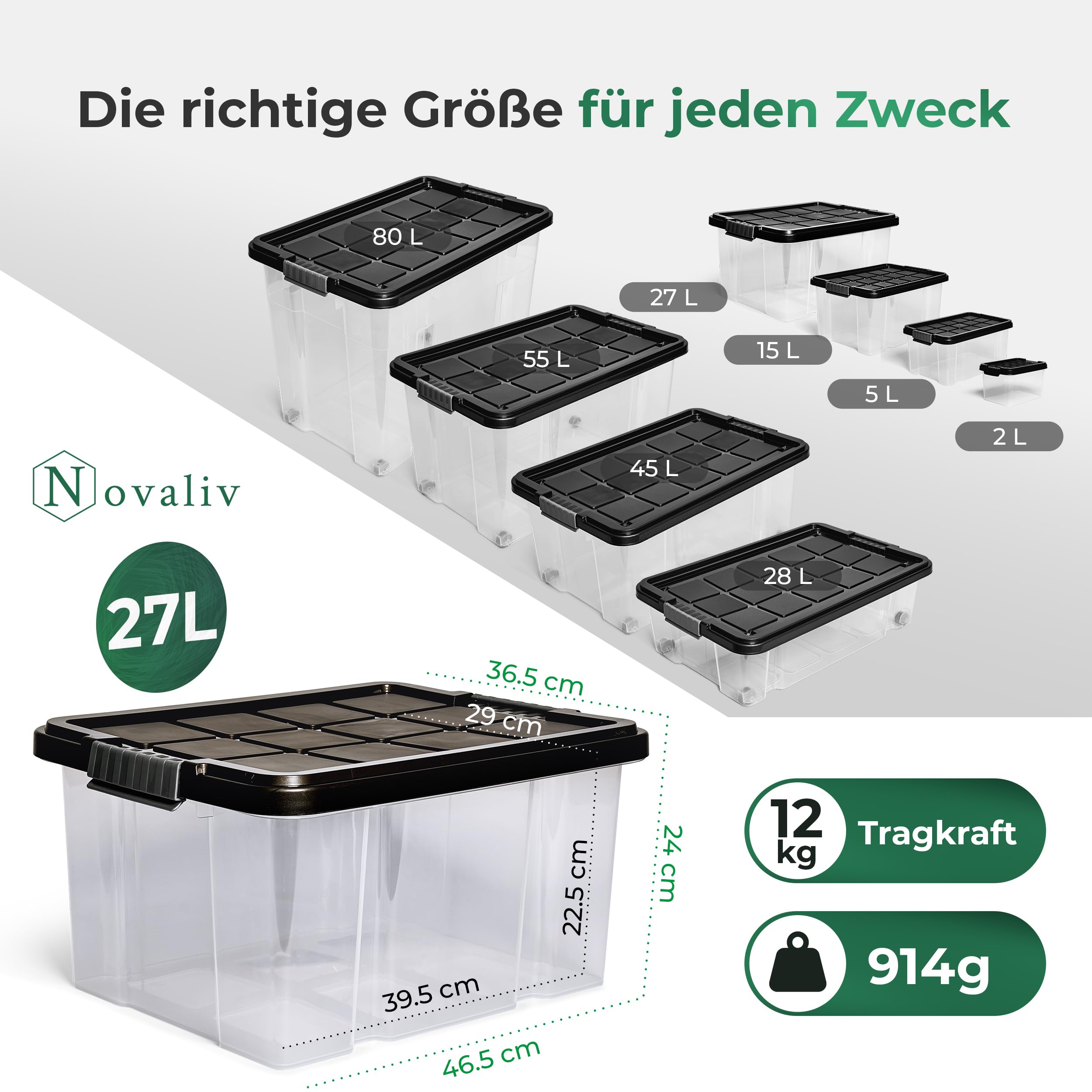 Novaliv 12x Aufbewahrungsboxen mit Deckel 27L Anthrazit Nestbar stapelbare Storage boxes mit Clipverschluss Kunststoffbox BPA-frei 46,5x36,5x24 cm