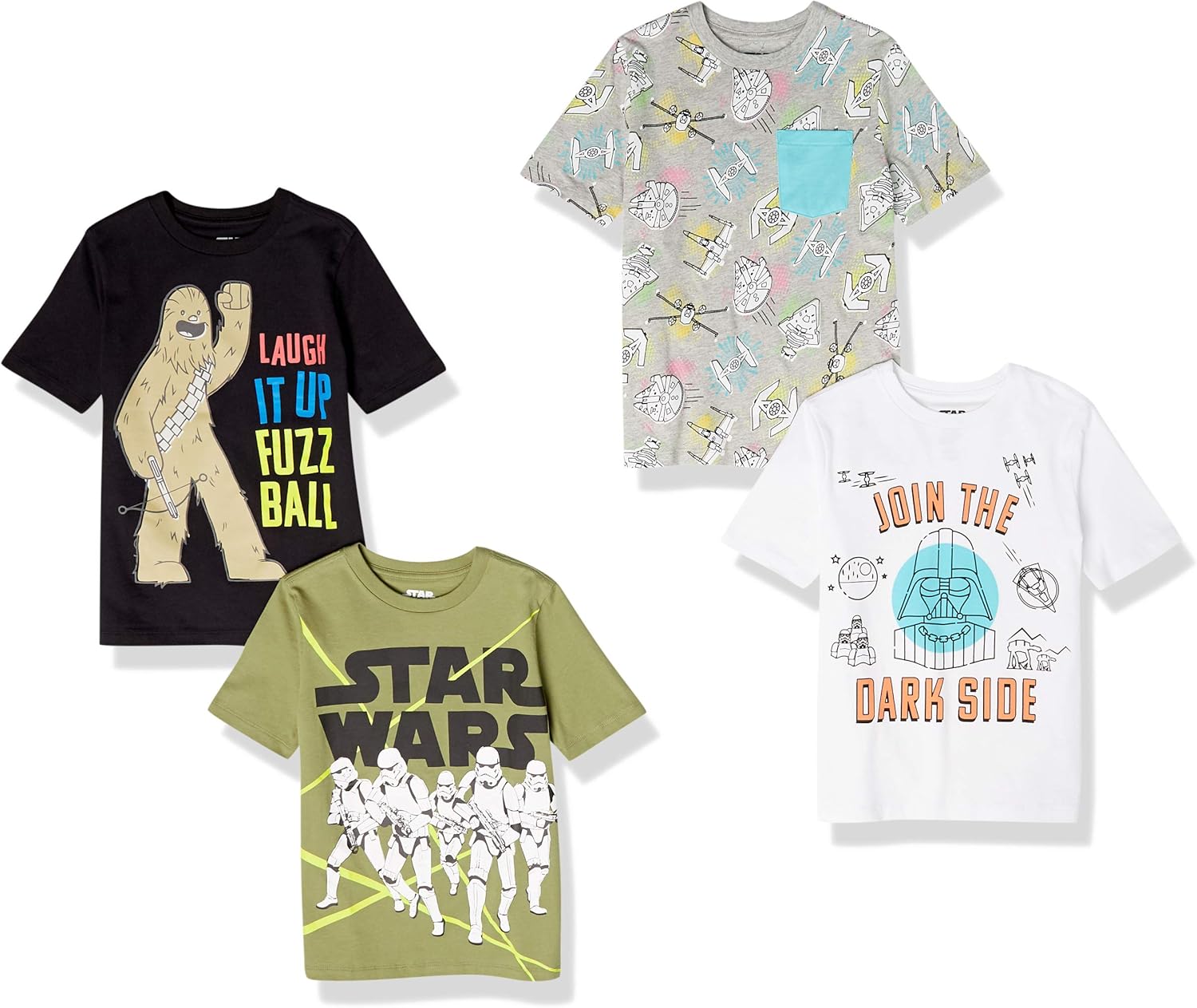 Amazon Essentials Disney | Marvel | Star Wars Boys and Toddlers' Short-Sleeve T-Shirts (Previously Spotted Zebra), Multipacks 4 Black/Olive/White Star Wars XX-Large