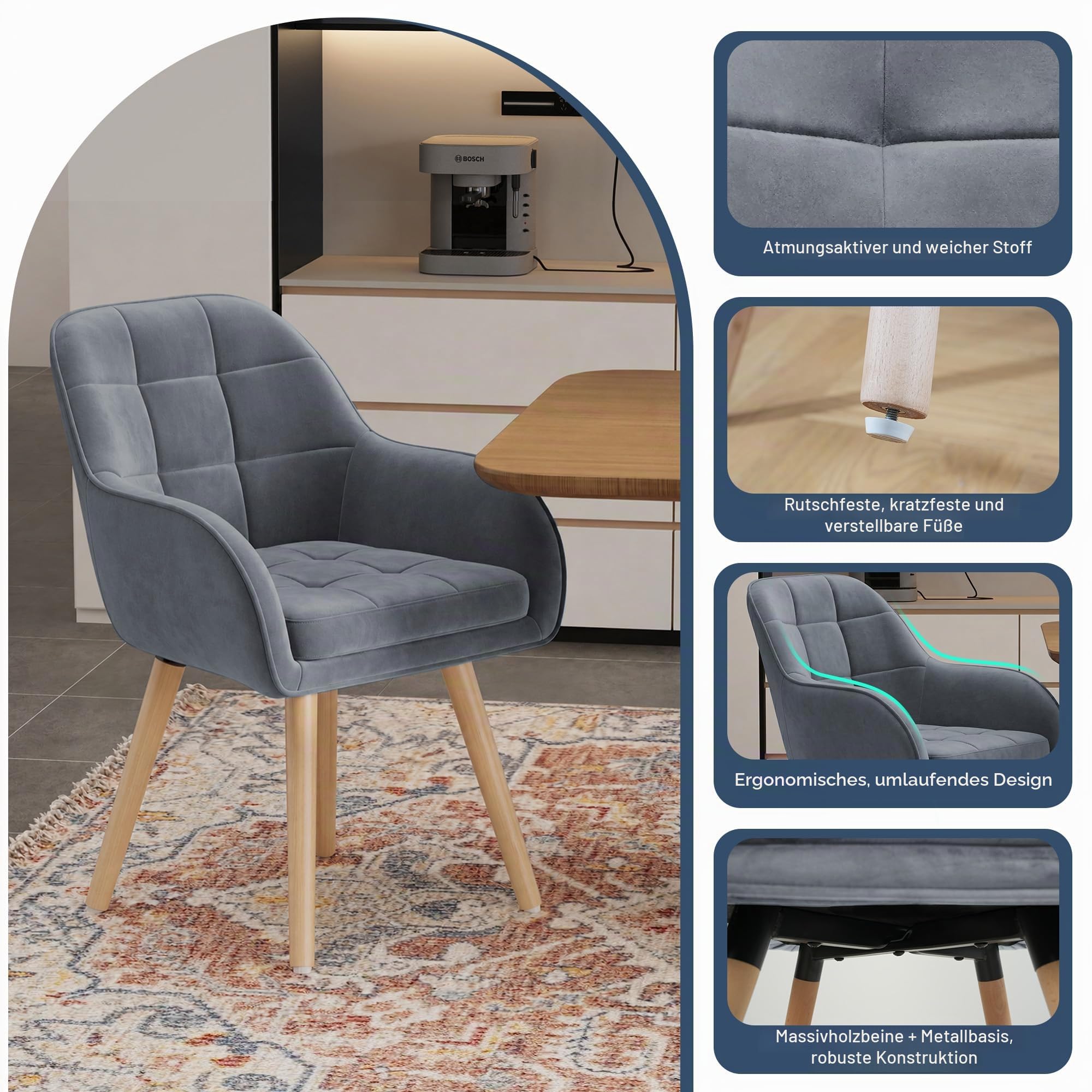 ELUCHANG Esszimmerstühle 4er Set, 10cm Dicke Polsterung Stuhl mit Hohen Armlehnen, Grau Samt, Massivholzbeine + Metallbasis bis 150 kg Belastbar, für Schlafzimmer Küche Wohnzimmer