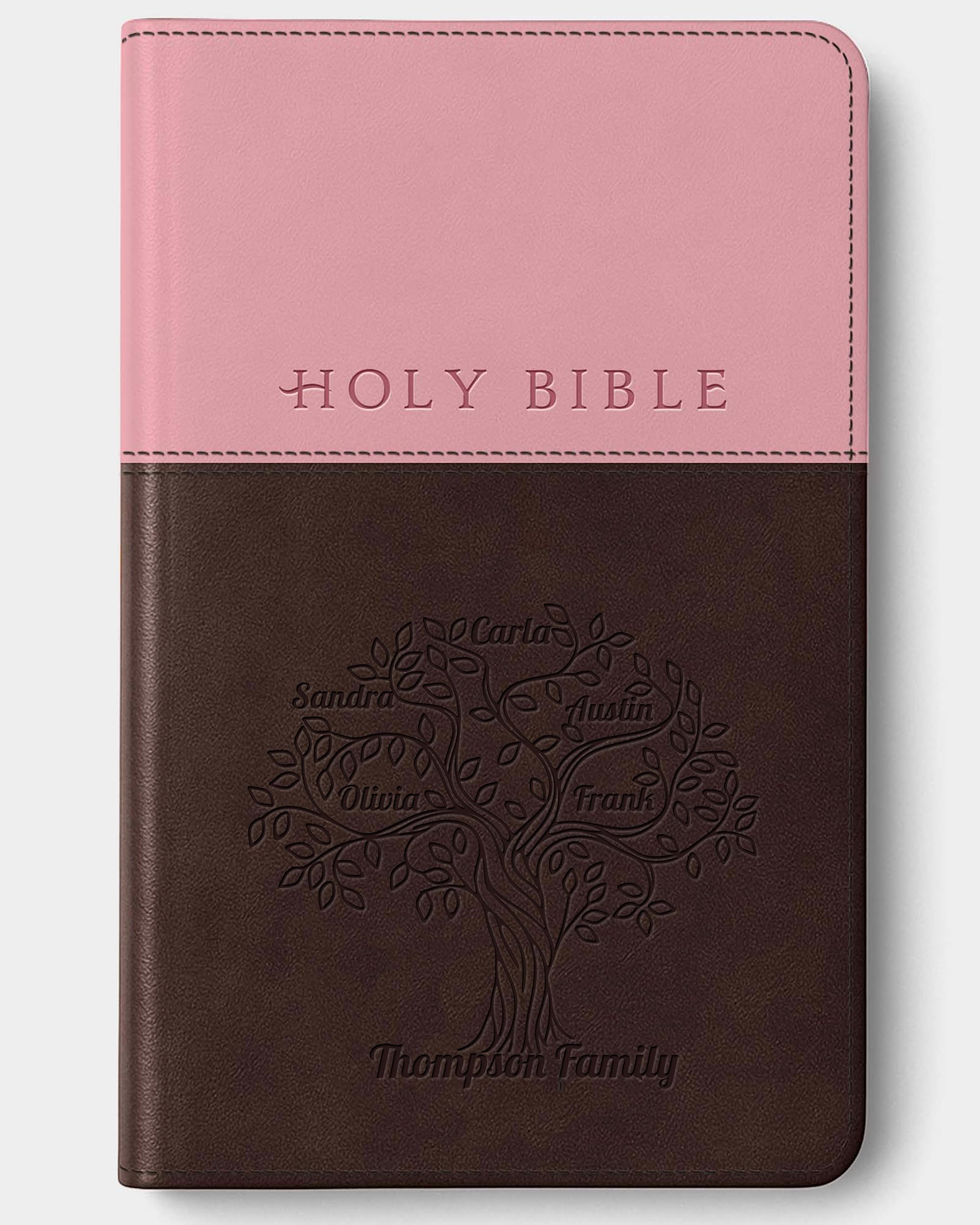Personalized NLT Bible with Your Family Name Engraved, Pink/Dark Brown TuTone, New Living Translation Version Premium Bible, Faux Leather