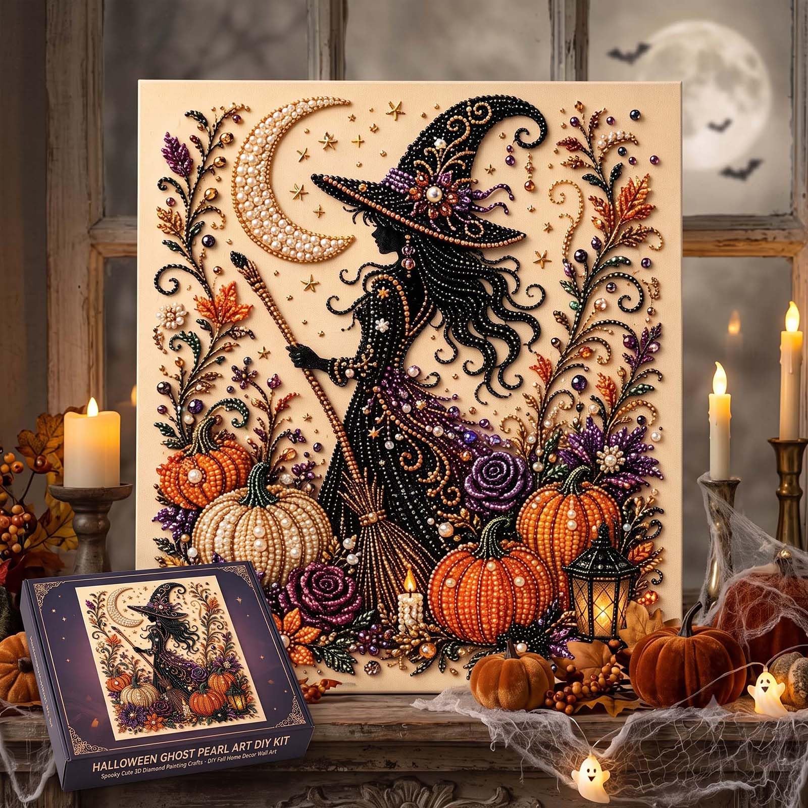 Halloween Pearl Art Kit, Cute Ghost 3D Diamond Art DIY Craft Kit with Resin Pearls, Halloween Wall Decor Painting for Beginners, Fall Home Decoration, Seasonal Party Activity & Handmade Gift(#E)