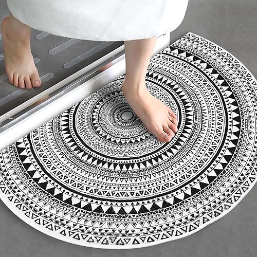 Miniatura 5 de Alfombra de baño bohemia de medio círculo, alfombras de baño bohemias semicírculas, antideslizantes, color negro, tapete medio redondo para baño y