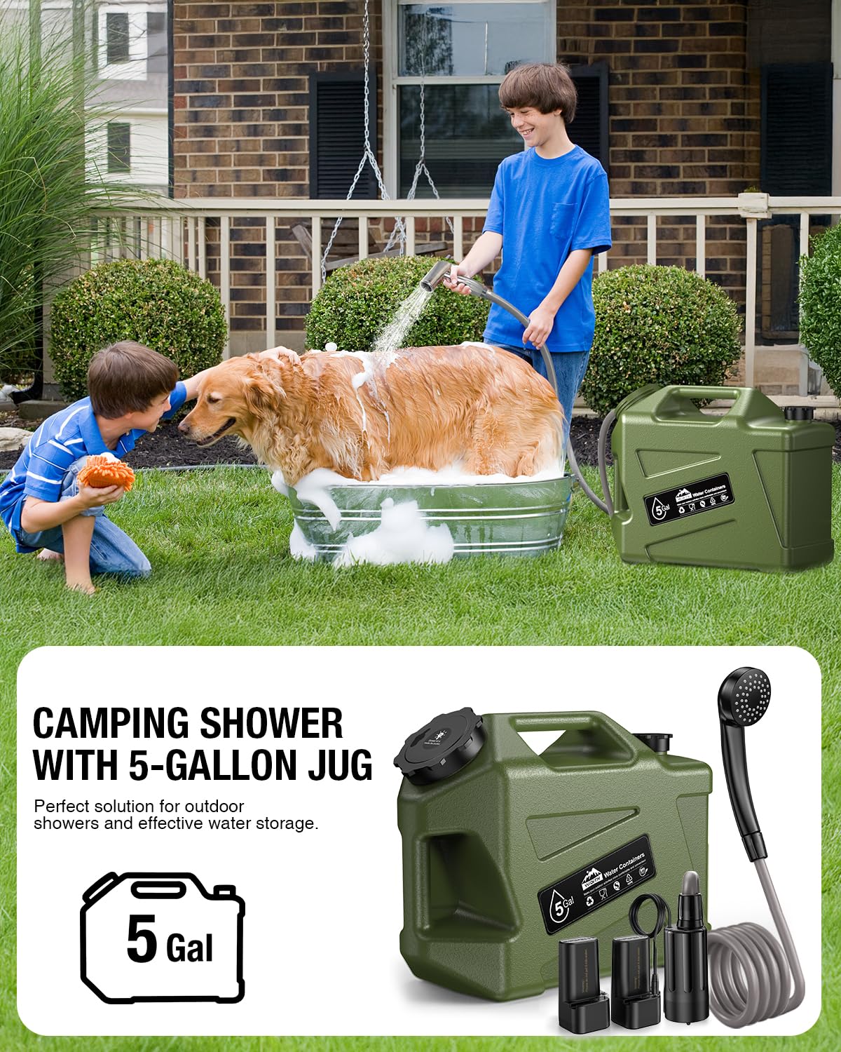 Tragbare Campingdusche mit Camping-Wasserkrug, elektrische wiederaufladbare Campingdusche, 5-Gallonen-Wasserbehälter, Outdoor-Camp-Pumpe, Wasserspeicher-Kit für Wandern, Strand, Reisen