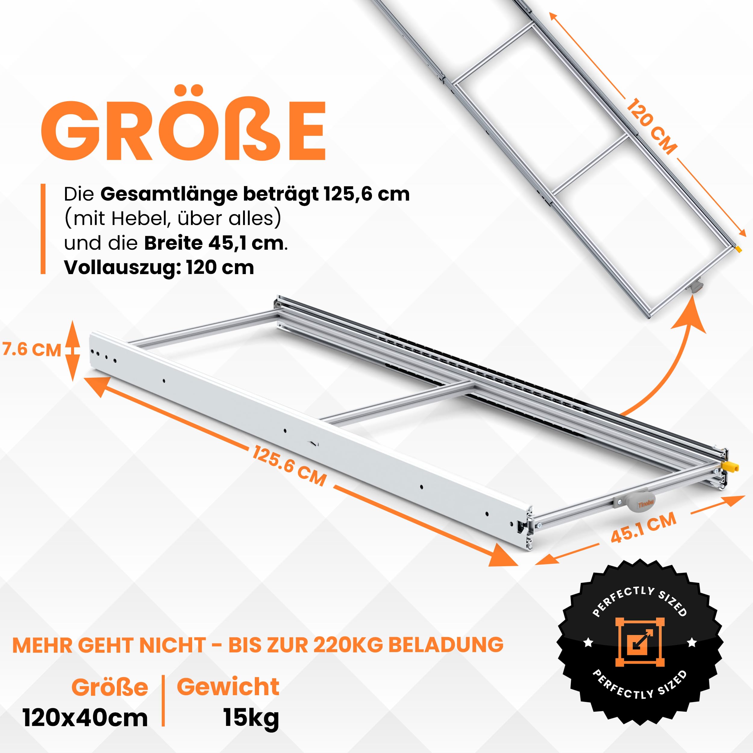 Heckauszug selber Bauen 120x40 cm - Basis-Auszug für Selbstausbau, Schwerlast-Schubladenschienen, Einhandbedienung, Montage in Nische
