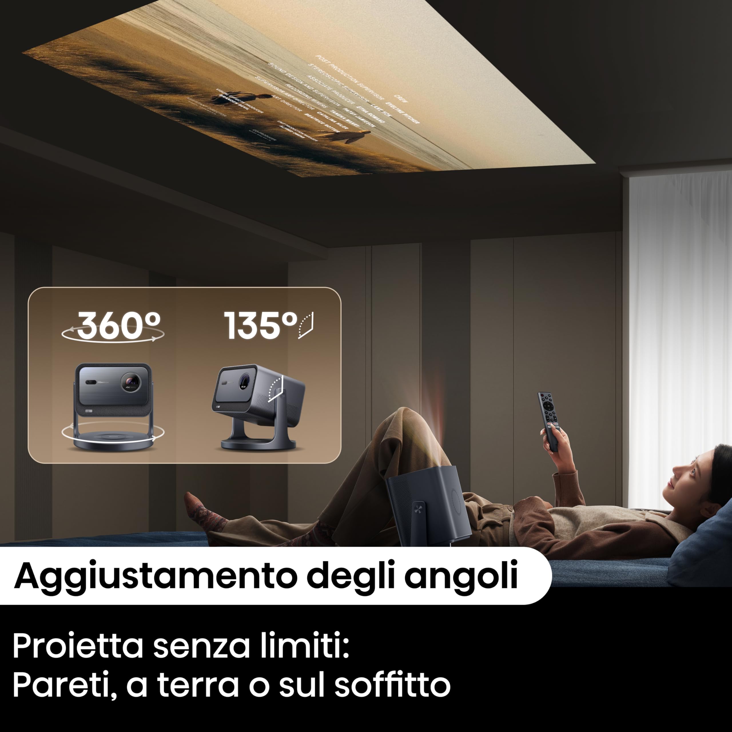 Hisense Smart Mini proiettore C2, 65-300" 4K, 2000 ANSI lumen,Risoluzione 4K, Dolby Vision, HDR10+, Smart TV VIDAA U7.6, 20W audio JBL integrato