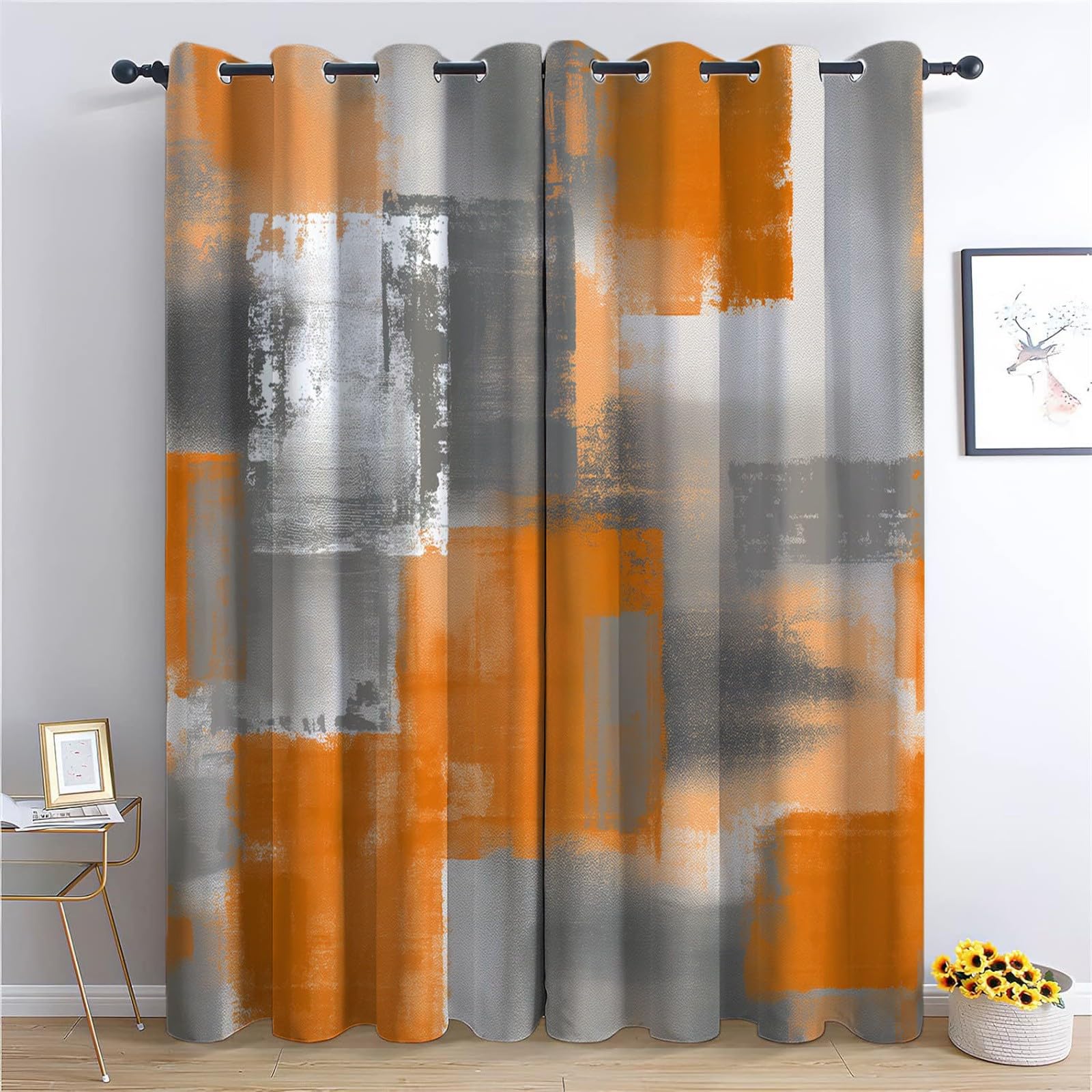 Verdunklungsvorhänge Gardinen mit Ösen Blickdichte Vorhänge Lärmschutzvorhang für Kinderzimmer Thermo Gardinen mit Farbblock Grau Orange Malerei Muster, 230 x 117 cm (HxB), Abstraktes Design 2er Set