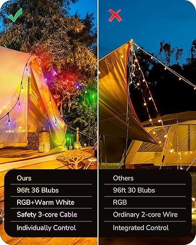 Miniatura 6 de EDISHINE Cadena de luces inteligentes de 96 pies, tira de luces para exteriores con 36 bombillas LED RGB, aplicación y control de voz, luces