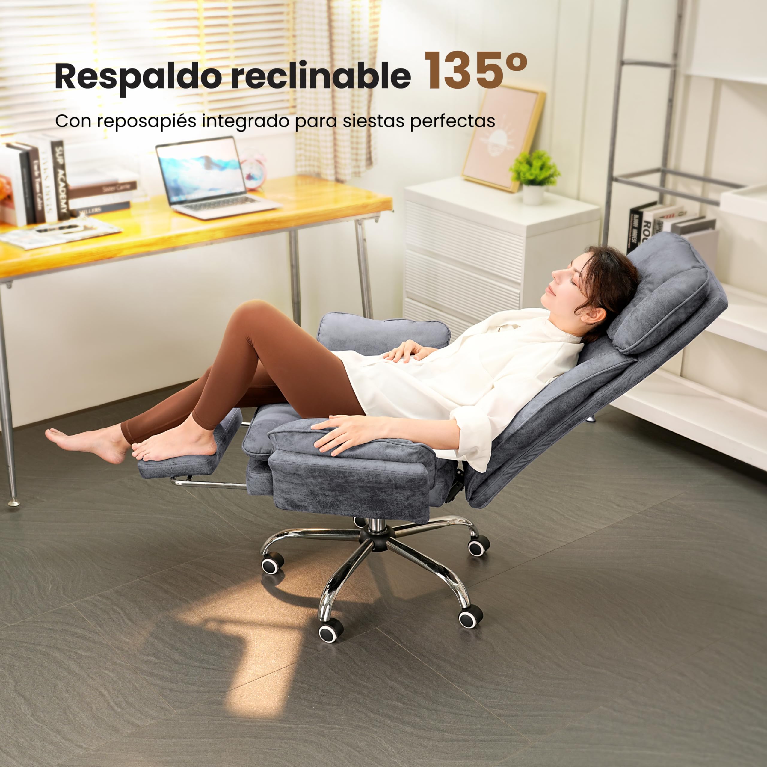 HOMRELEXA Silla de Oficina Ejecutiva Ergonómica Grande y Alta, con Reposapiés, Reposabrazos Abatibles y Respaldo Alto, Felpa de Pelo Rizado - Blanco