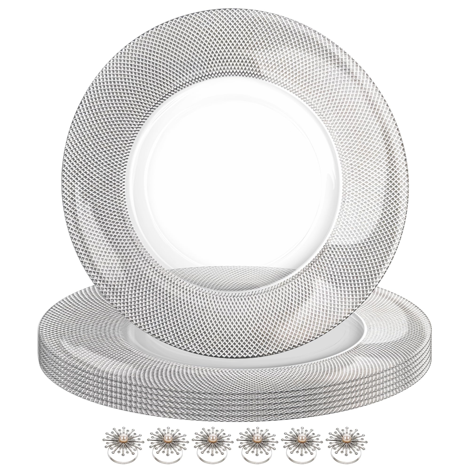 Event Decor Shop Set di 12 eleganti piatti piani argentati con motivo a scacchi, con anelli portatovaglioli, 33 cm, in vetro, per matrimoni, feste ed eventi speciali, decorazione da tavola