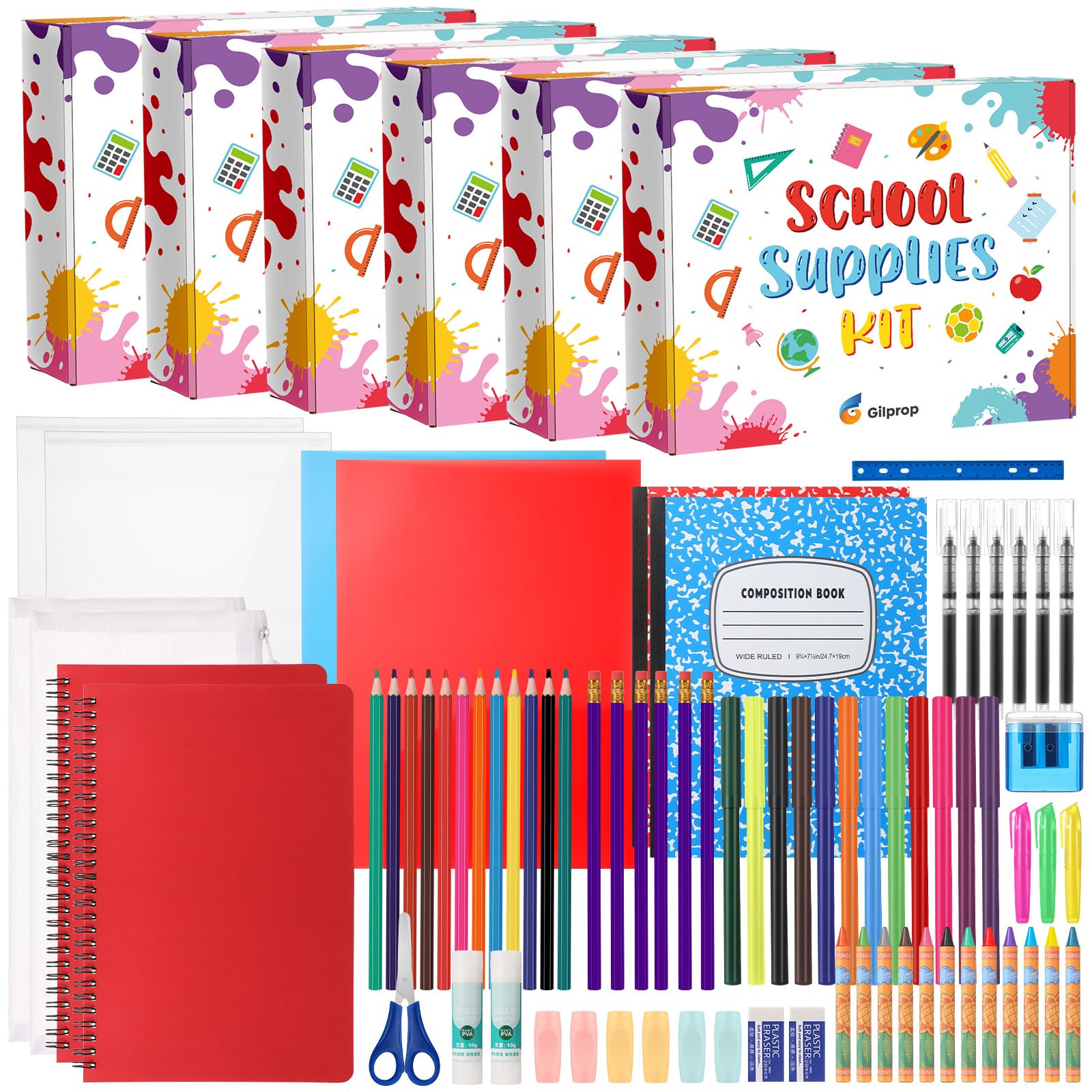 Gilprop 6 Pack Back to School Supplies Kits School Supply Bundle,Colorful