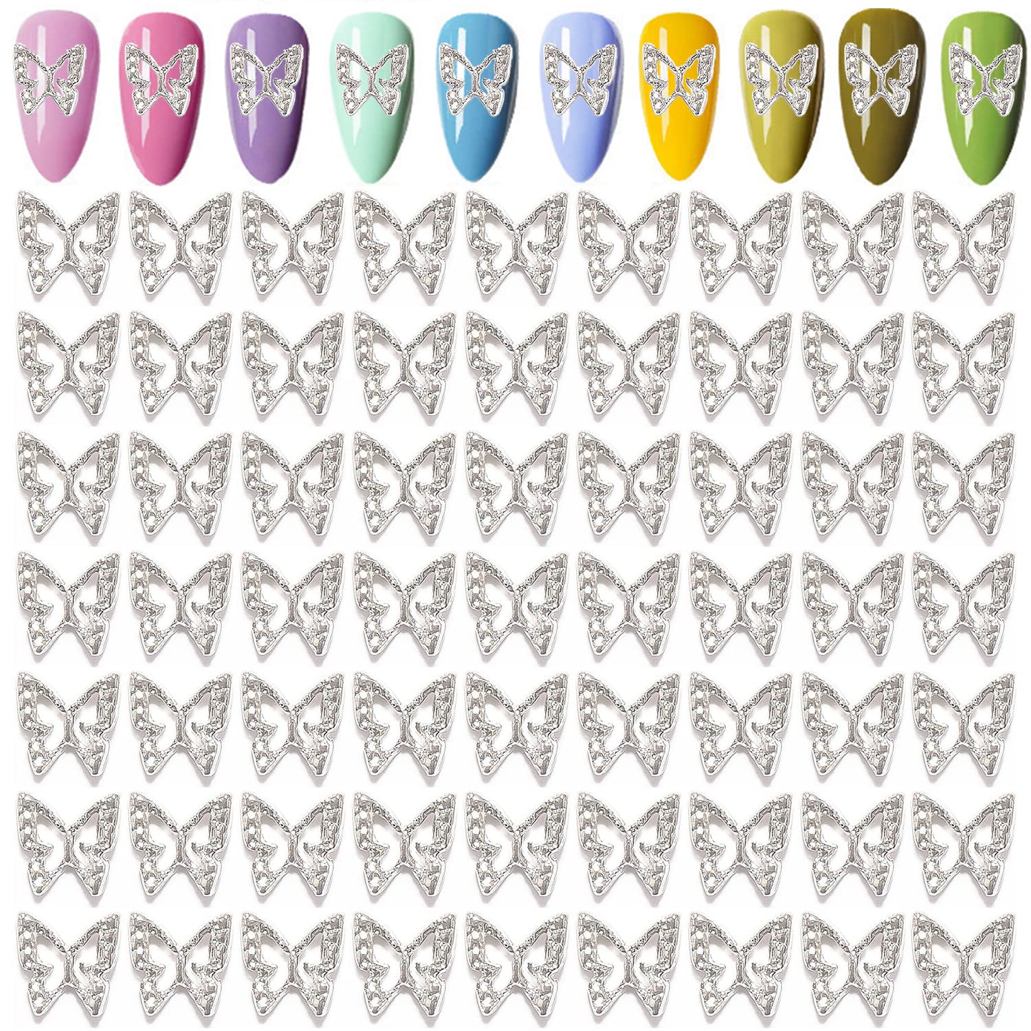 Flymind 100pcs 3D Butterfly Nail Charms, Silver Nail Butterfly Charms for Acrylic Nails Alloy Butterfly Nail Art Gems for Women Girls DIY Craft Nail Art Decoration Jewels