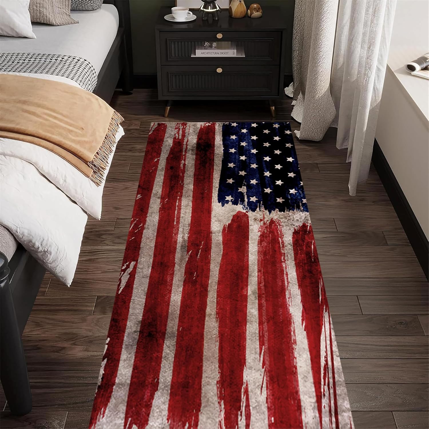 Independence Day Long Hallway Runner Rug, 2x6ft, Retro Red Blue Stars Patriotic American Flag Rugs, Cozy Machine Washable Vintage Decor Rugs for Hallway Entryway Dining Room