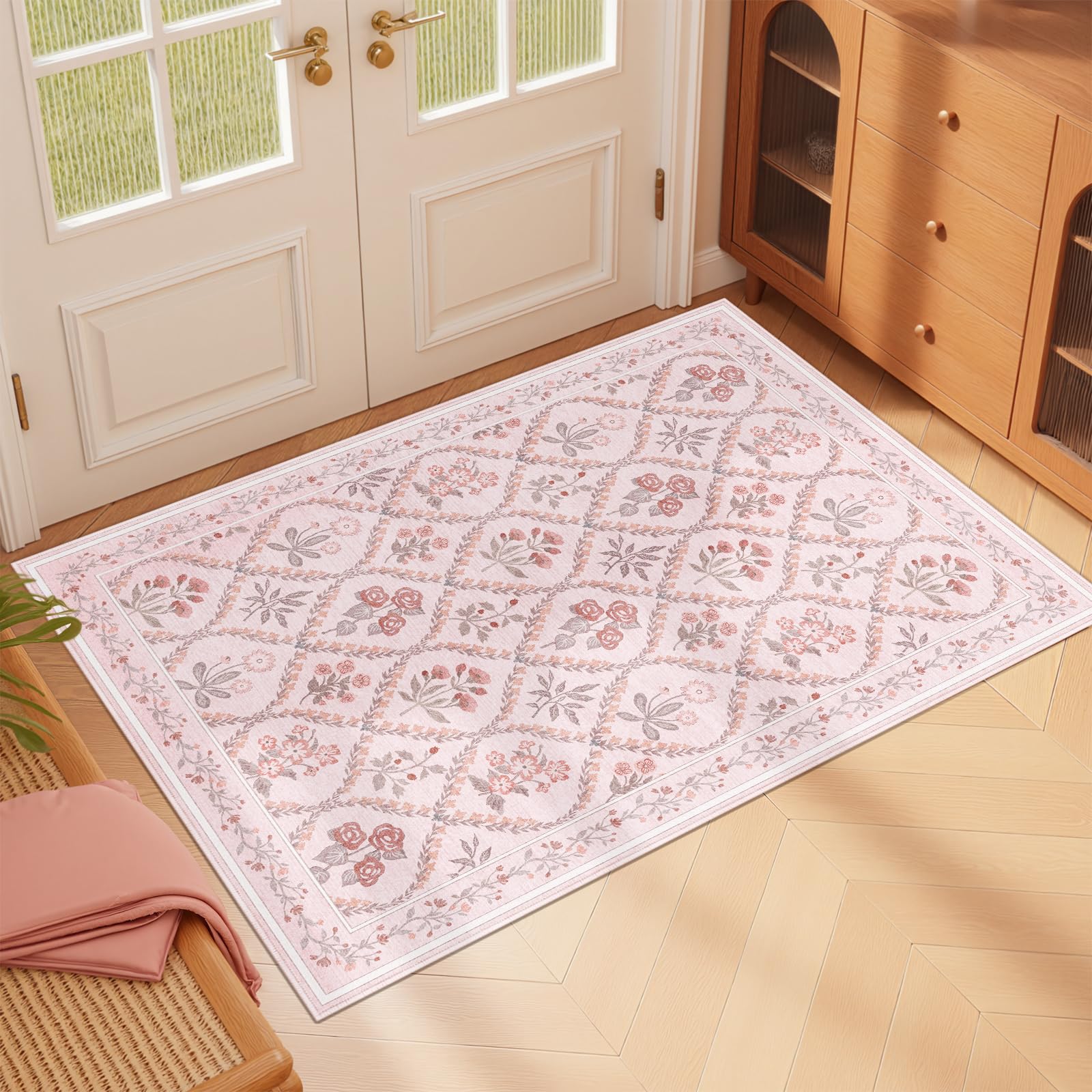 Small Throw Rug for Bedreoom 2x3 Washable Boho Aesthetic Pink Floral Non Slip Cute Area Rug for Side of Bed Teen Girls Room Kitchen Bathroom, Pink Multi