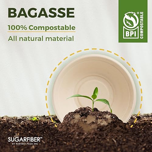 Miniatura 7 de Harvest - Tazones de papel redondos de 32 onzas sin PFAS de fibra de azúcar, compostables, resistentes, ecológicos, desechables, con fibras