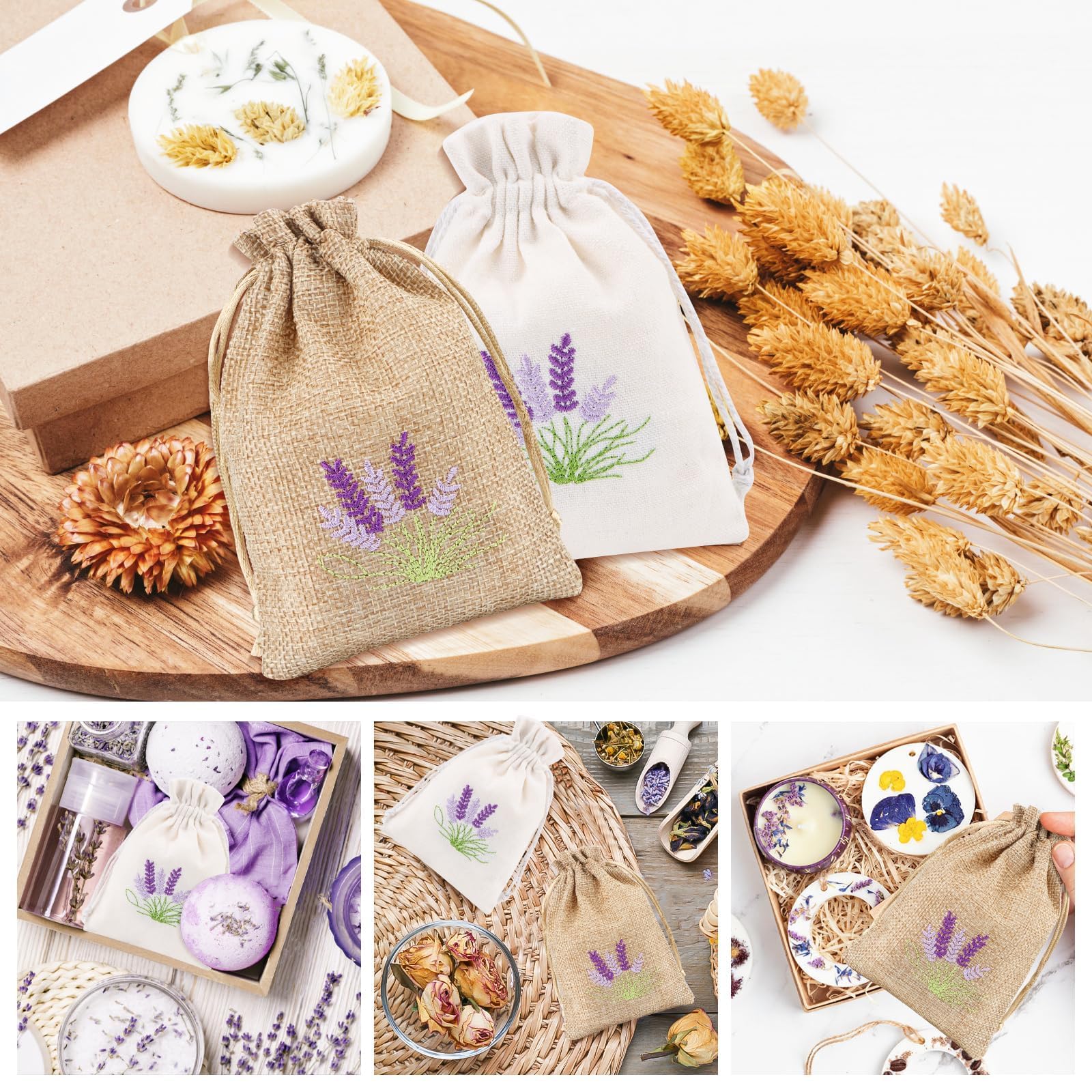 Lot de 12 sachets de lavande vides à remplir avec cordon de serrage - Petits sachets en coton et lin pour lavande, épices, herbes, bijoux, bonbons