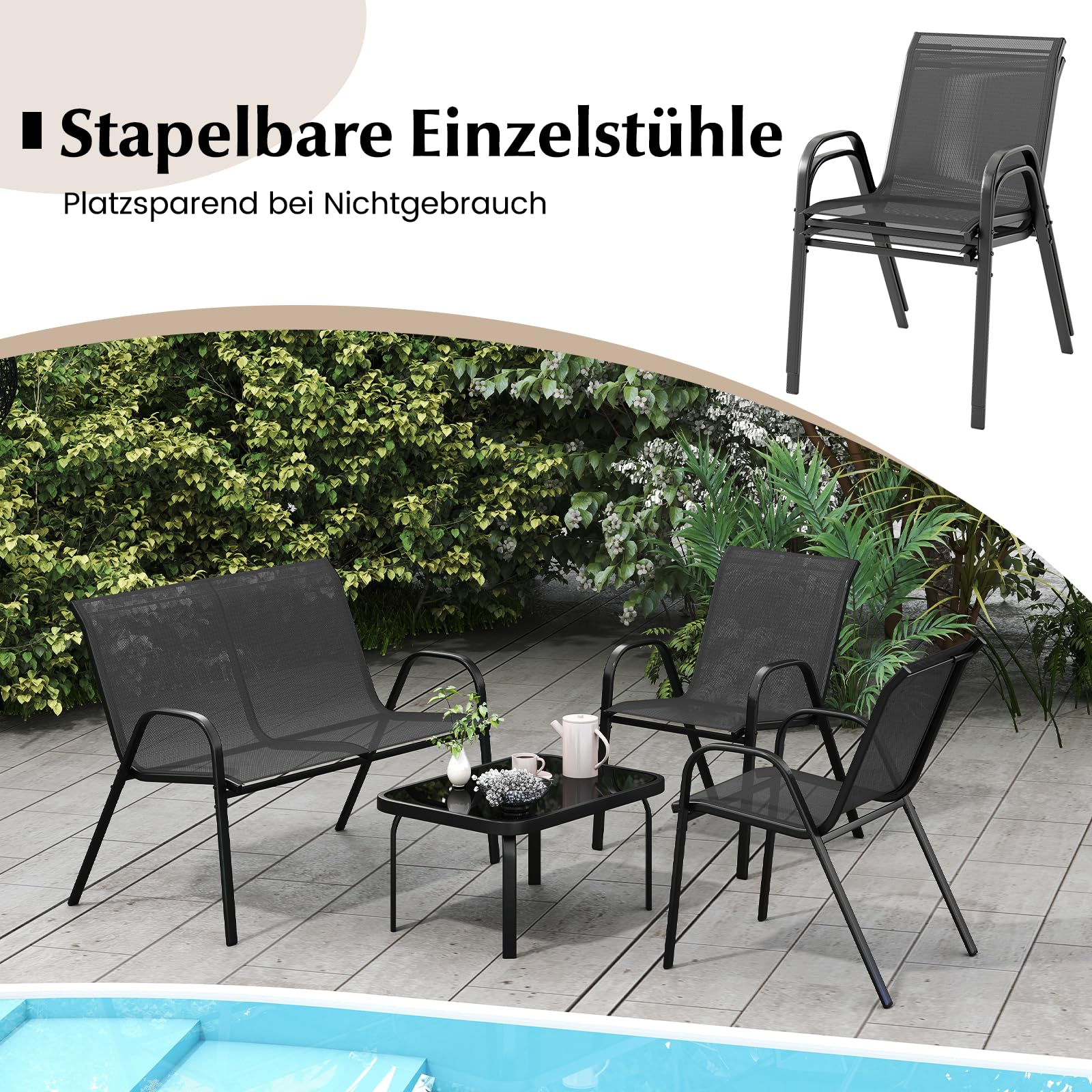 COSTWAY 4-teilige Gartenmöbel Set, Balkonmöbel, Terrassenmöbel, Sitzgruppe, Sitzgarnitur für 4 Personen, Gartengarnitur inkl. 2 Stühlen, Bank & Tisch, für Balkon, Terrasse, Garten (Grau)