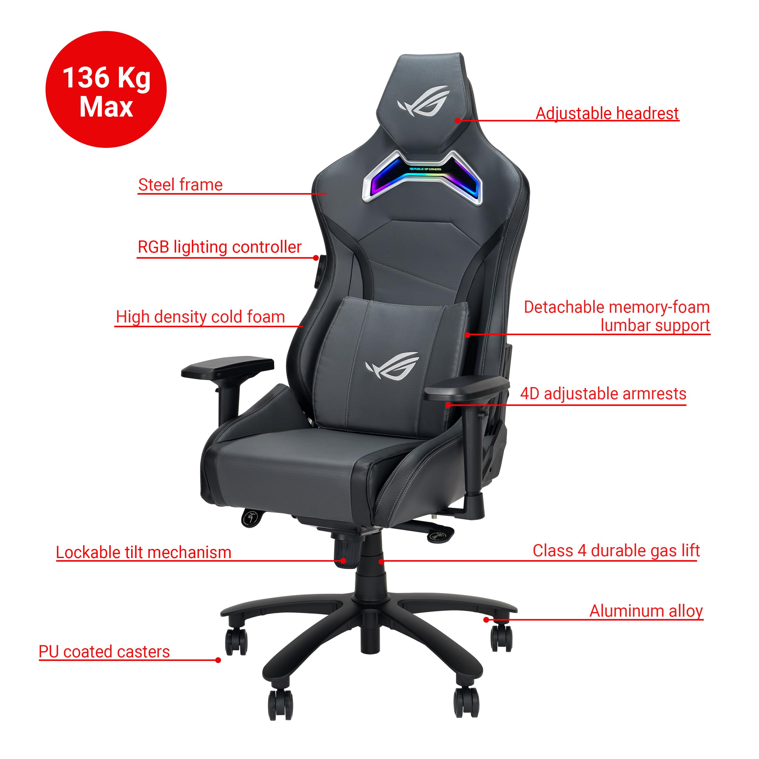 ASUS ROG CHARIOT X, Sedia Gaming Ergonomica, Supporto Lombare, Grigia | Braccioli Regolabili, Poggiatesta Imbottito, Illuminazione Aura RGB e Controller One-Touch, Peso Massimo Supportato 136kg
