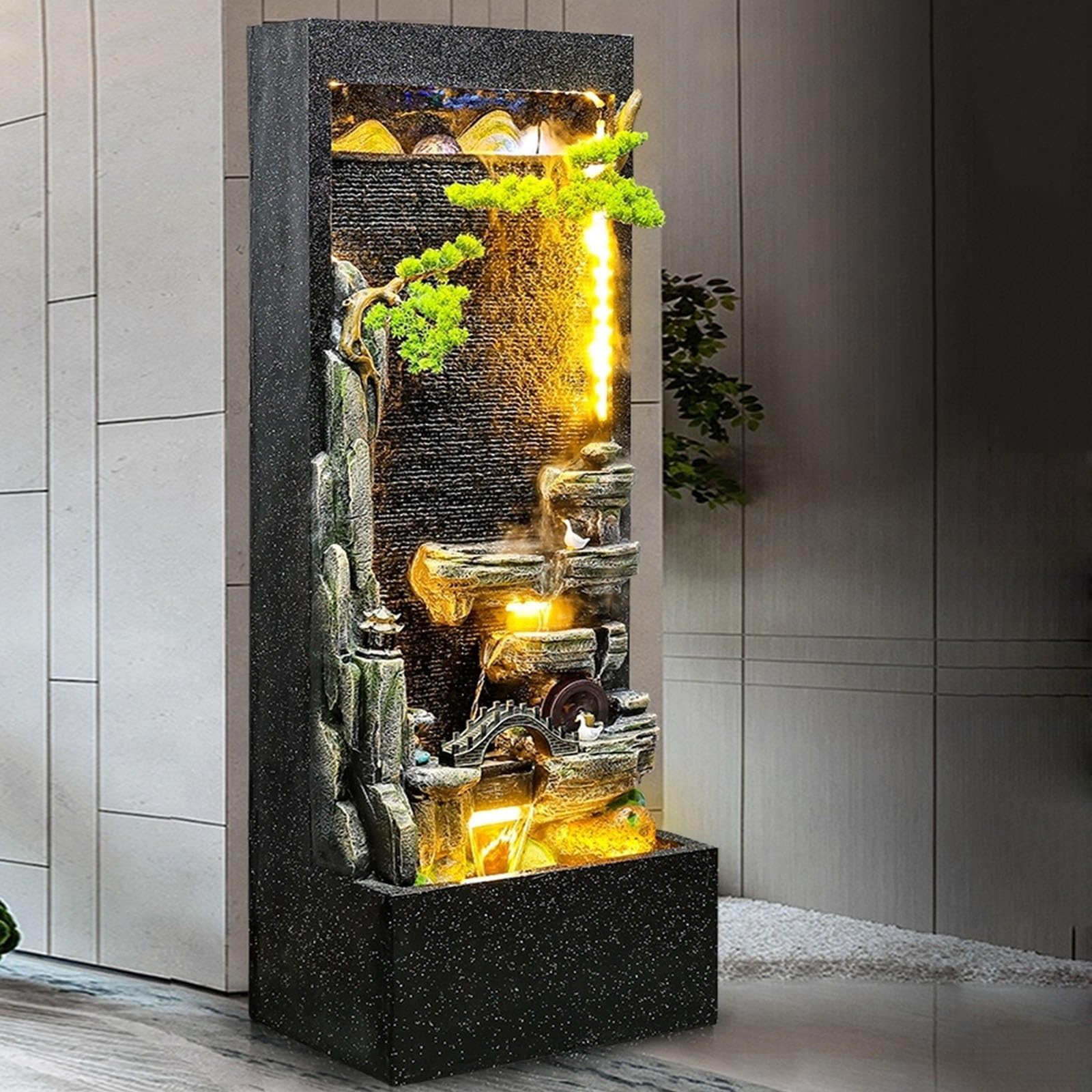 Fuente de suelo de pie para sala de estar, Fuente de agua for jardín interior/exterior con luces LED, fuente grande de rocalla for el suelo, característica de cascada for decoración del jardín del hog