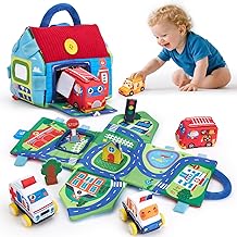 hahaland Jouets Bébé 6 Mois – Mon Premier Jouet Véhicule en Peluche, Jouet Sensoriel Montessori 9pcs, Tapis de Jeu 2-en-1 et Grange, Jouets Éducatifs pour Bébé 1 an, Cadeau Bebe 6-12 Mois Garçon Fille