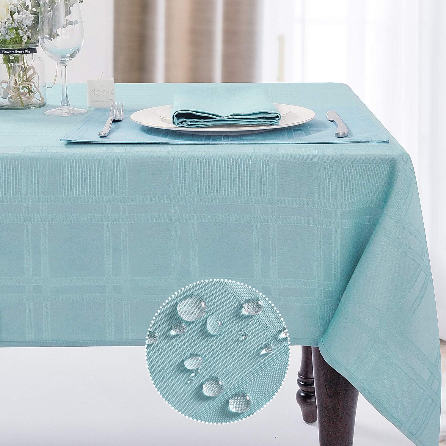 JUCFHY Soild Plaid Jacquard Table Cloth Elegance Wrinkle Resistant Contemporary Woven Decorative Tablecloths, Spillproof Soil Resistant Table Cover for Dining/Party/Wedding/Holiday,52 X 70,TurquoiseOEKO-TEX STANDARD 100