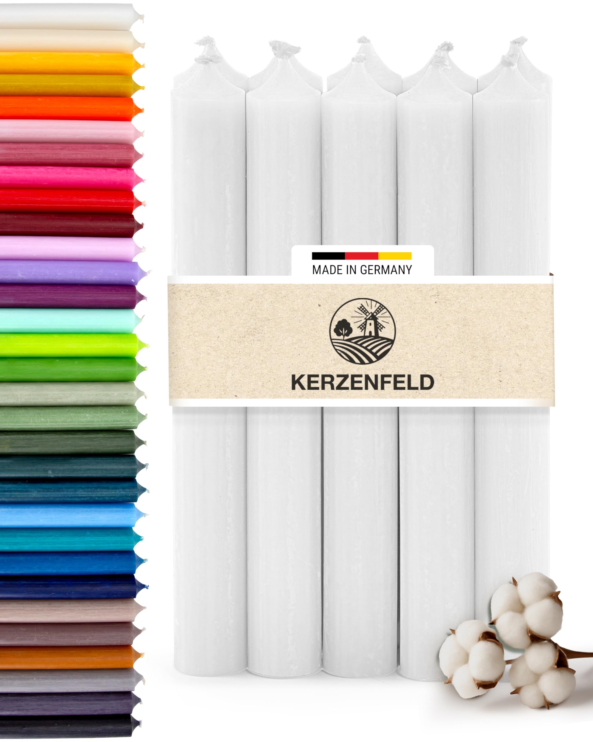 Stabkerzen Weiß, 10 Stück, 180mm x 22mm, Durchgefärbte Spitzkerzen, 8+ Stunden Brenndauer, Made in Germany - Ohne Tropfen & Rußen - Unparfümierte und RAL-Zertifizierte Tafelkerzen